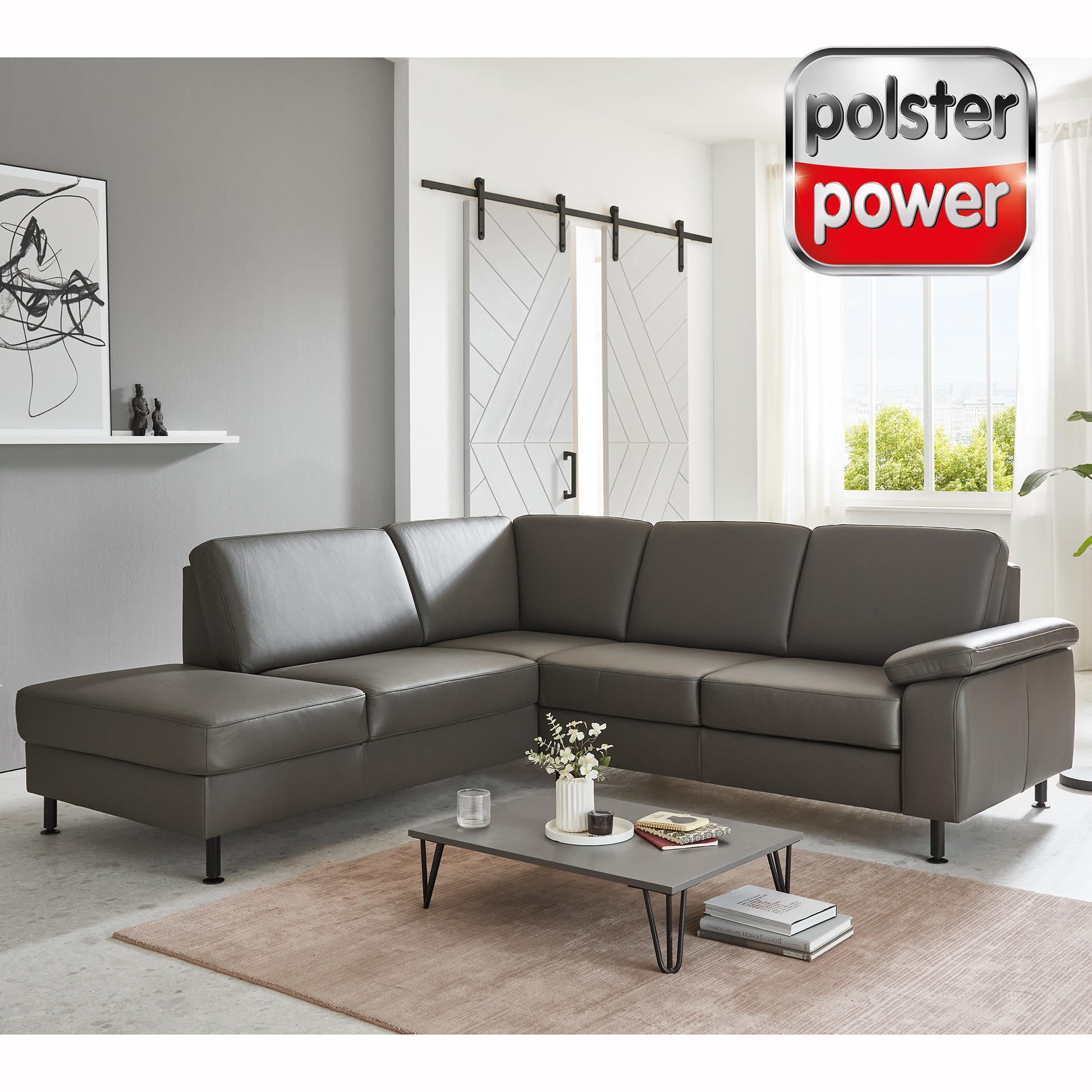 polsterpower Ledersofa - grau - Basismodell - Anstellhocker links