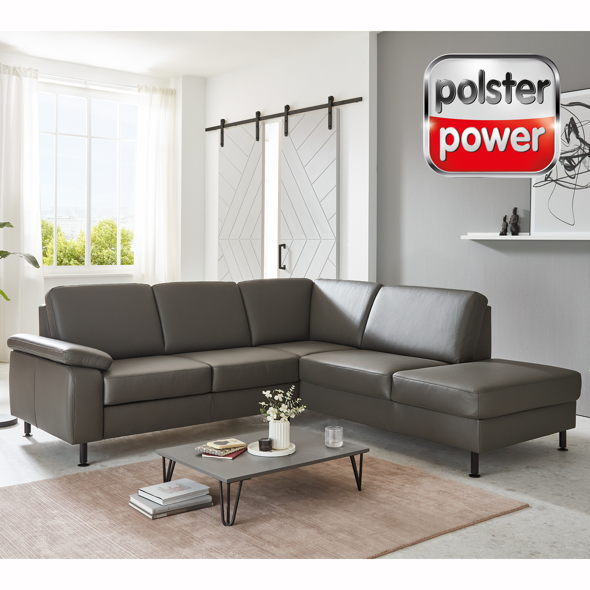 polsterpower Ledersofa - grau - Basismodell - Anstellhocker rechts