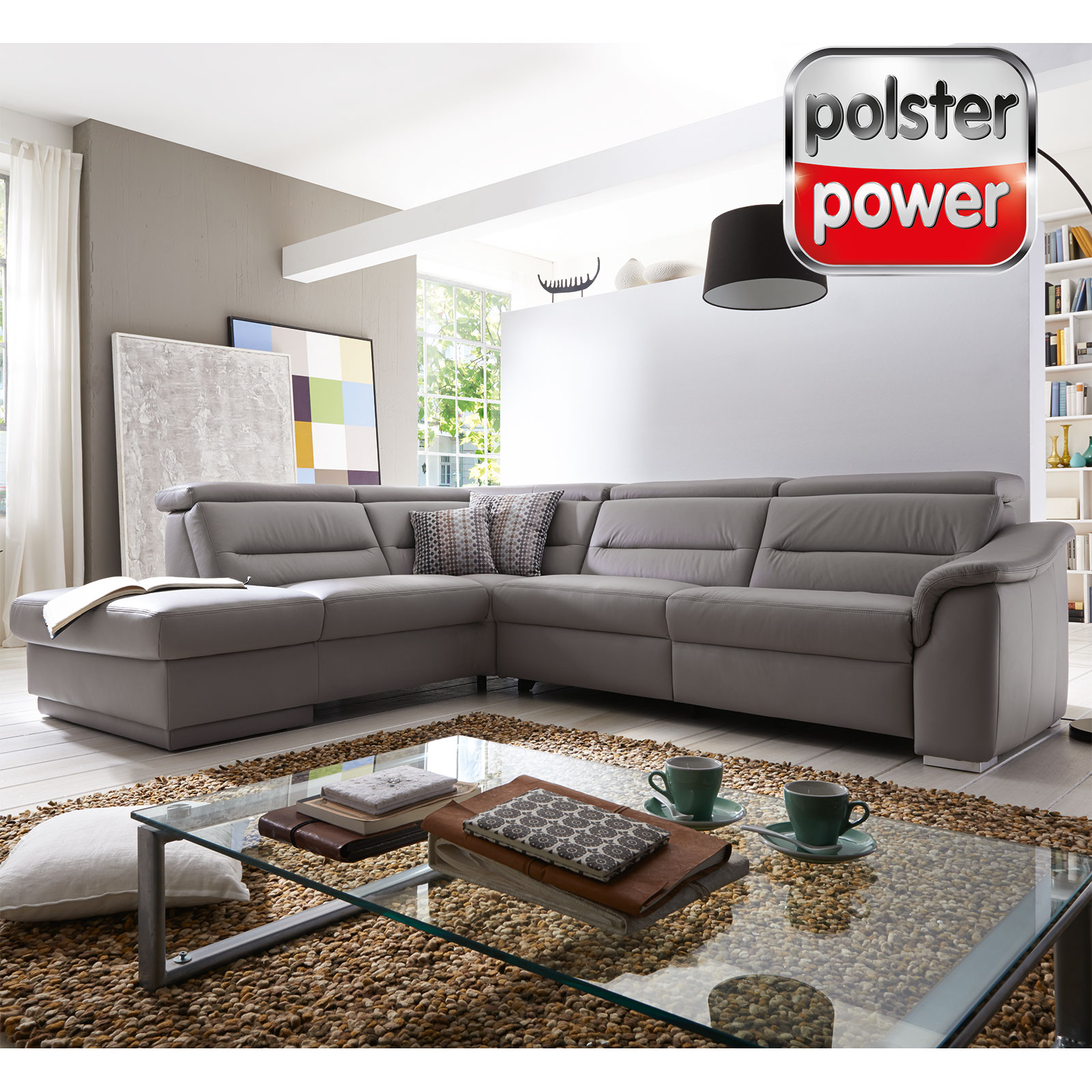 polsterpower Ledersofa - grau - mit Funktionen - 1,5-Sitzer links