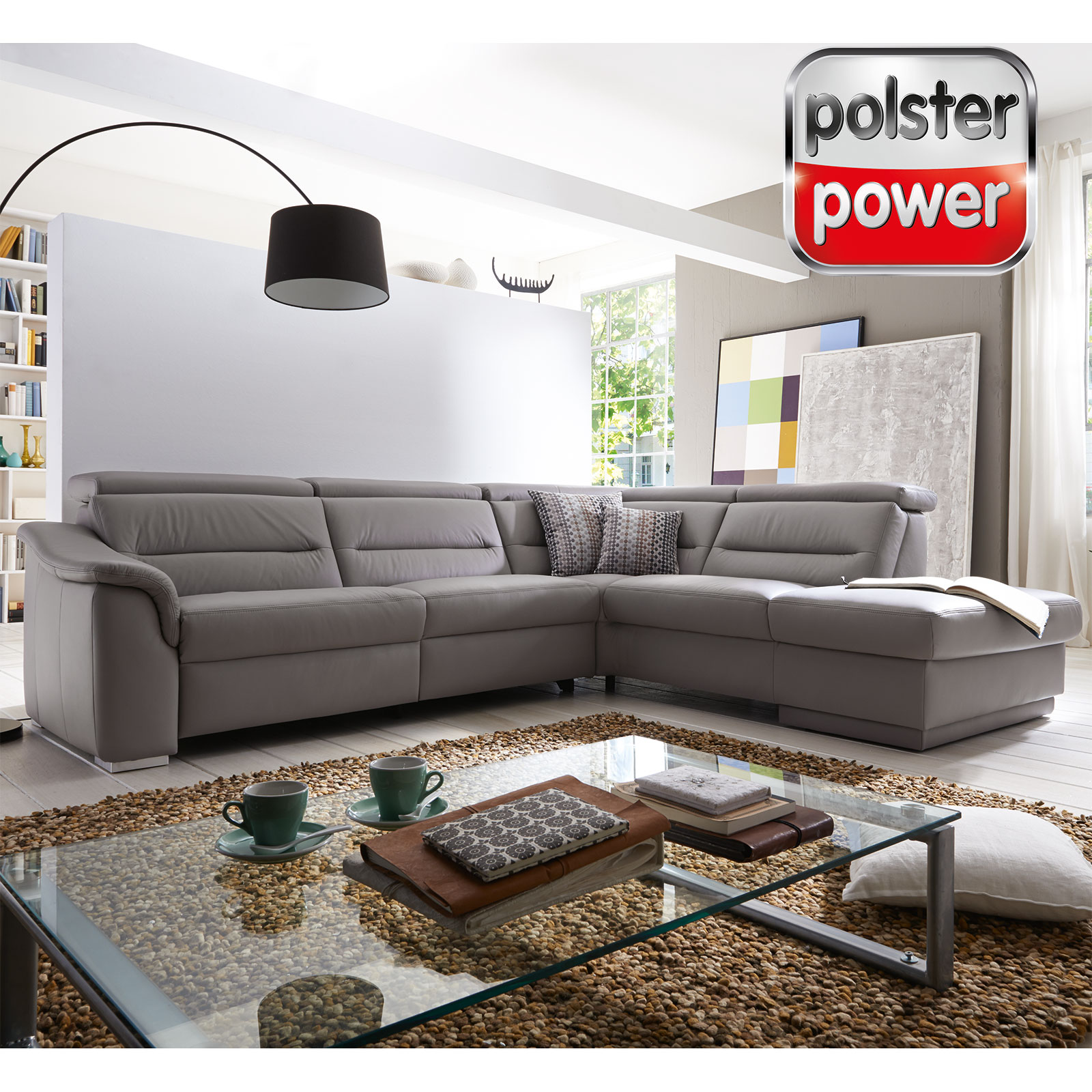 polsterpower Ledersofa - grau - mit Funktionen - 1,5-Sitzer rechts