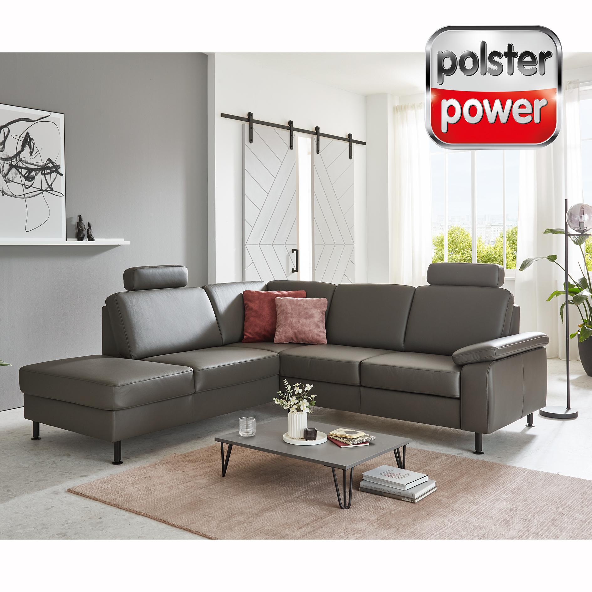 polsterpower Ledersofa - grau - mit Funktionen - Anstellhocker links