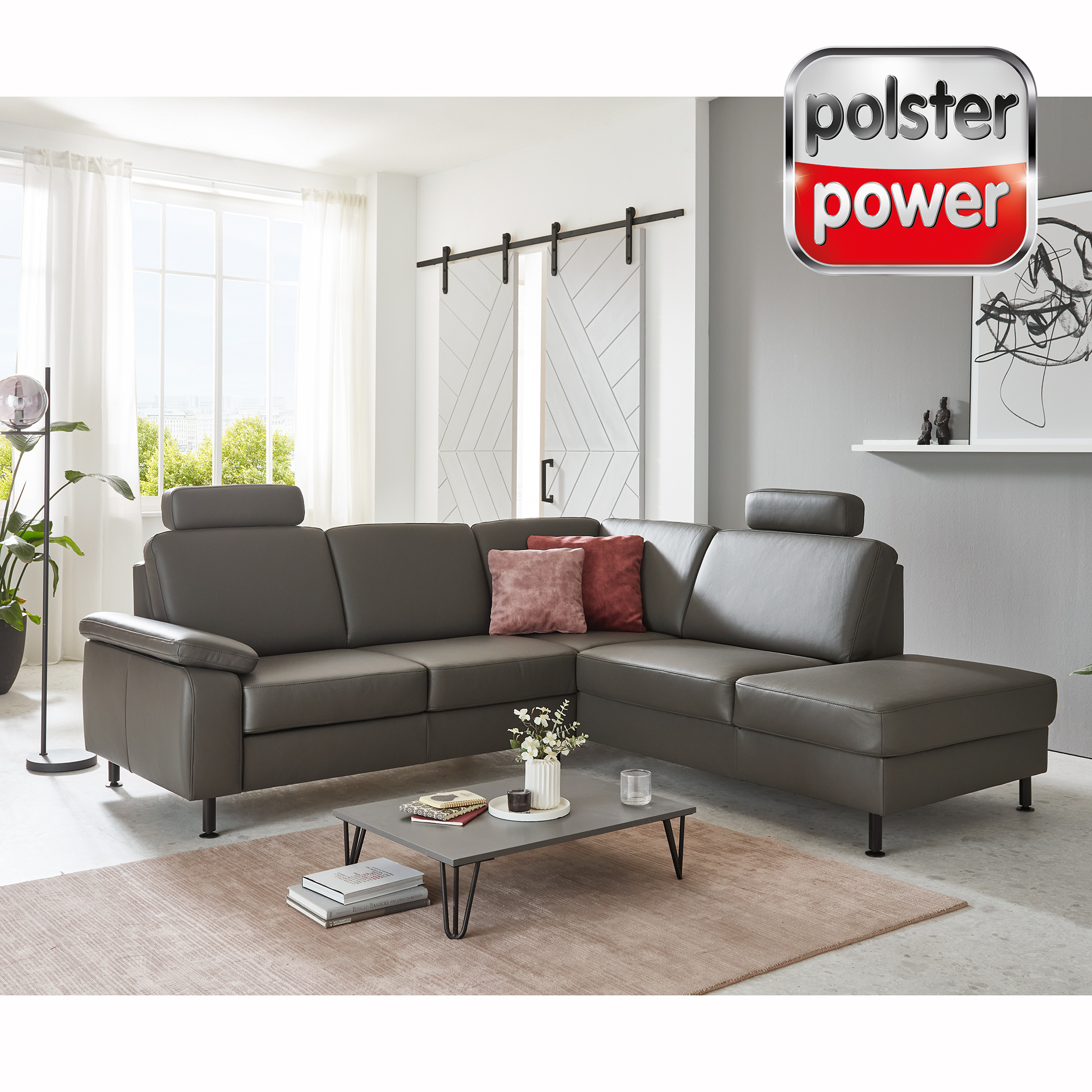 polsterpower Ledersofa - grau - mit Funktionen - Anstellhocker rechts