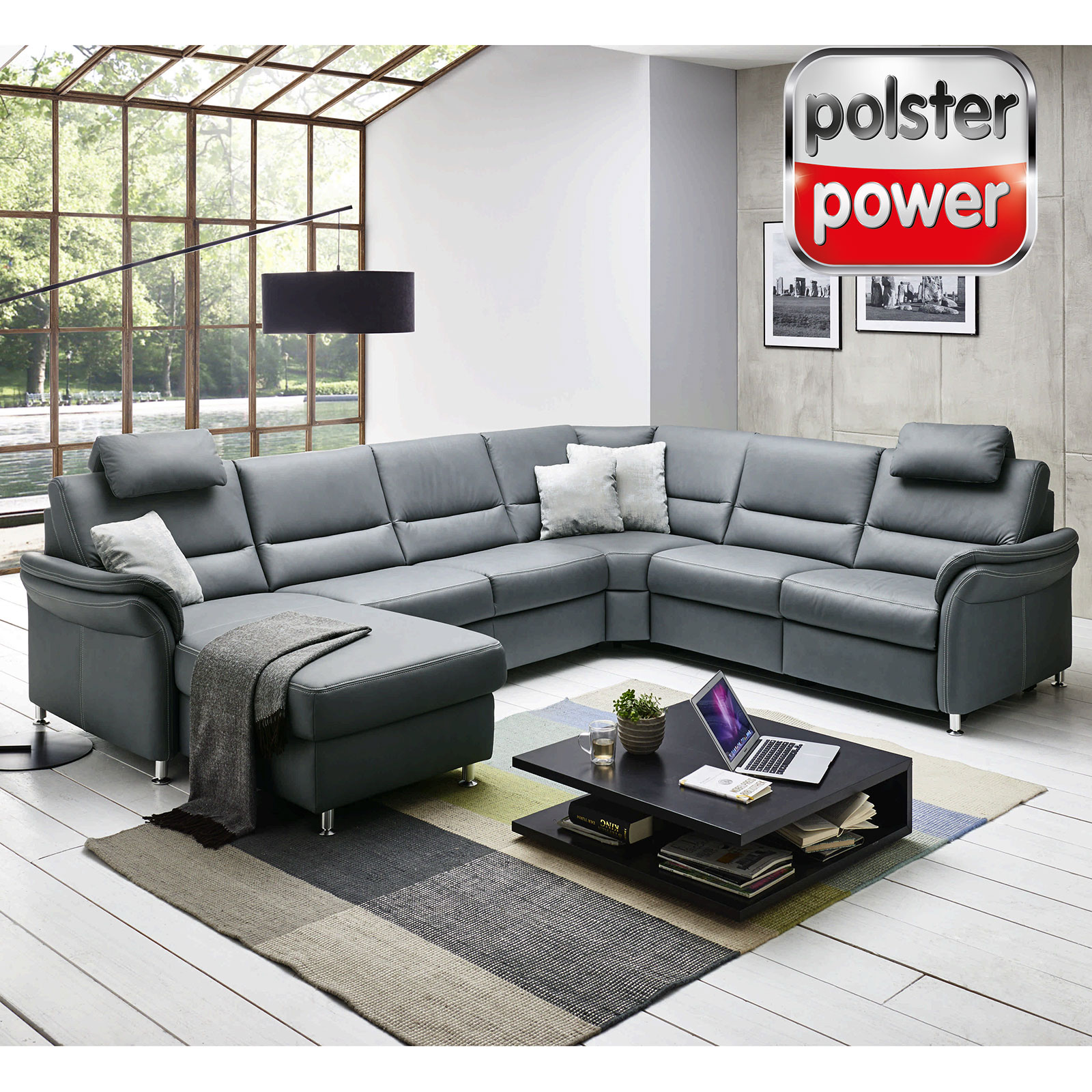 polsterpower Ledersofa - grau - mit Funktionen - Canapé links