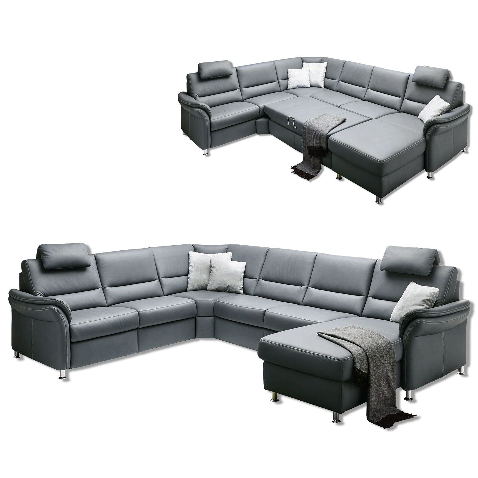 polsterpower Ledersofa - grau - mit Funktionen - Canapé rechts