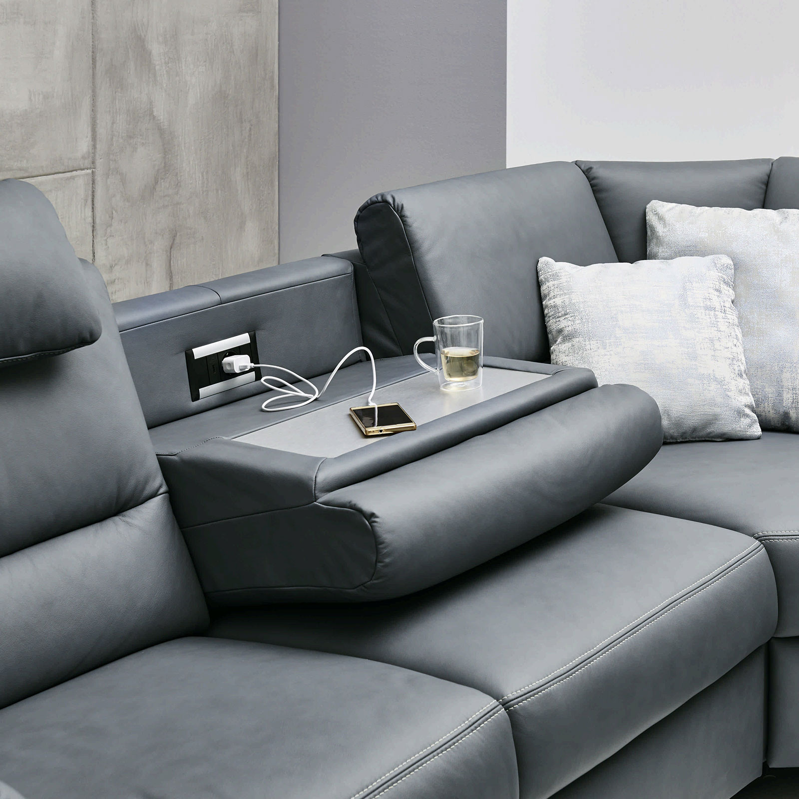 polsterpower Ledersofa - grau - mit Funktionen - Canapé rechts