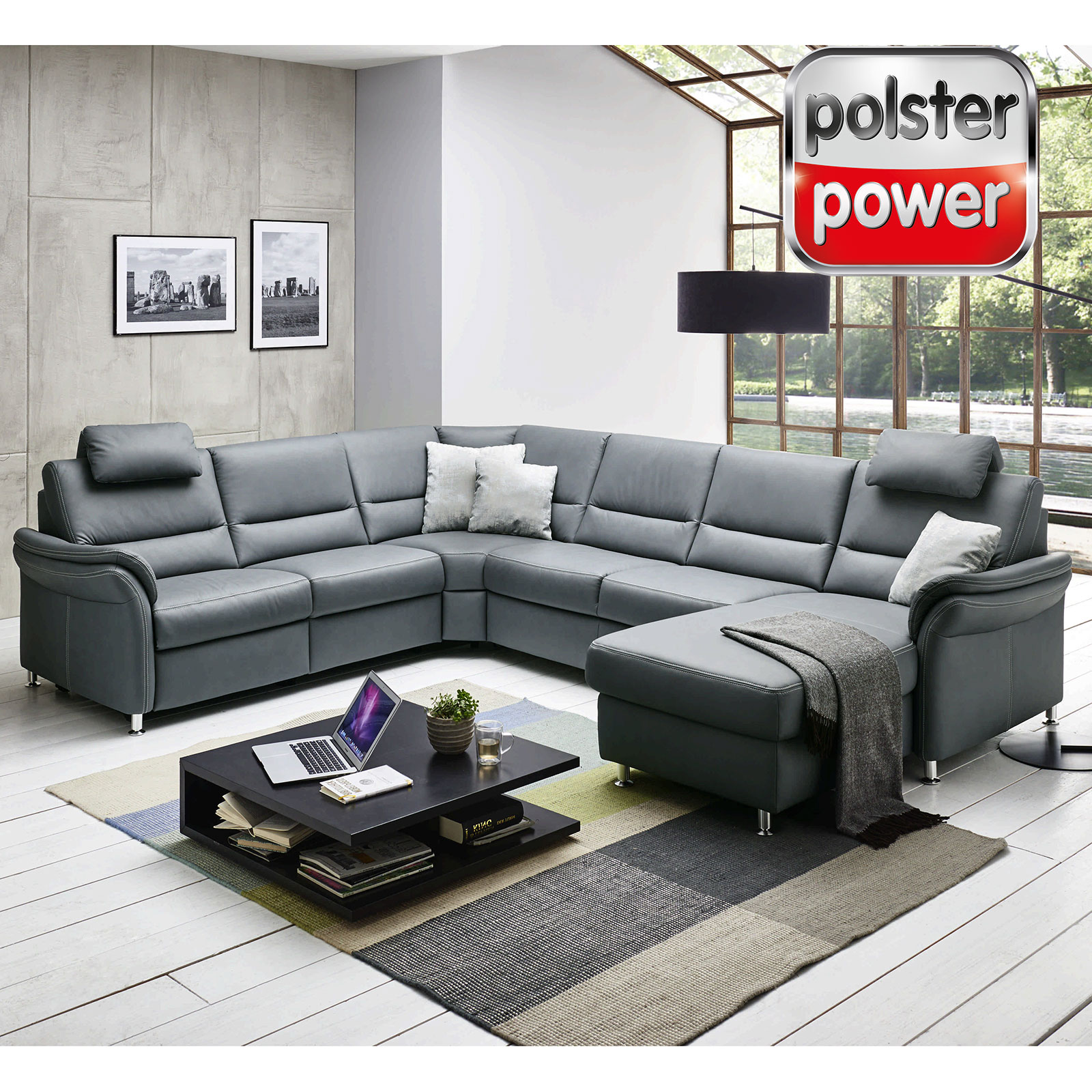 polsterpower Ledersofa - grau - mit Funktionen - Canapé rechts