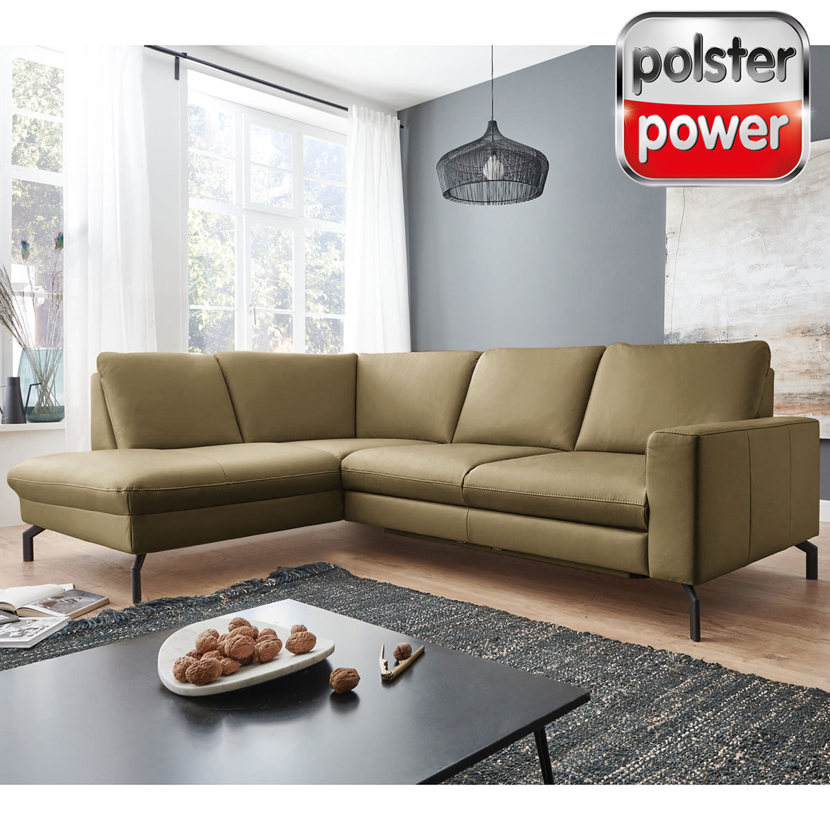 polsterpower Ledersofa - moos - Basismodell - Recamiere links