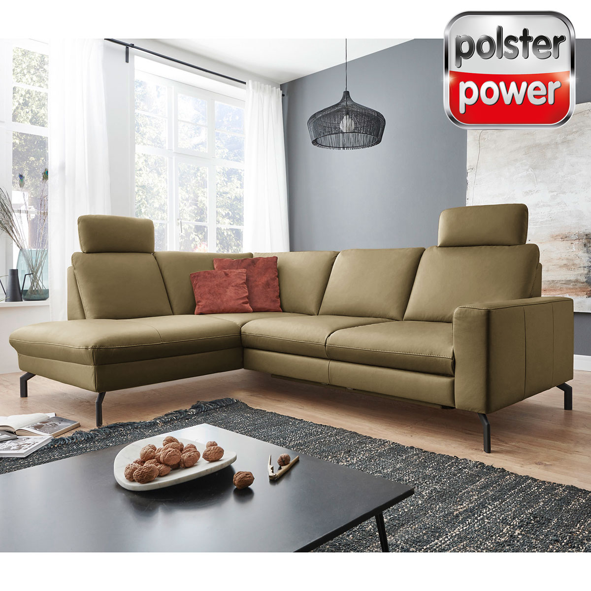 polsterpower Ledersofa - moos - mit Funktionen - Recamiere links