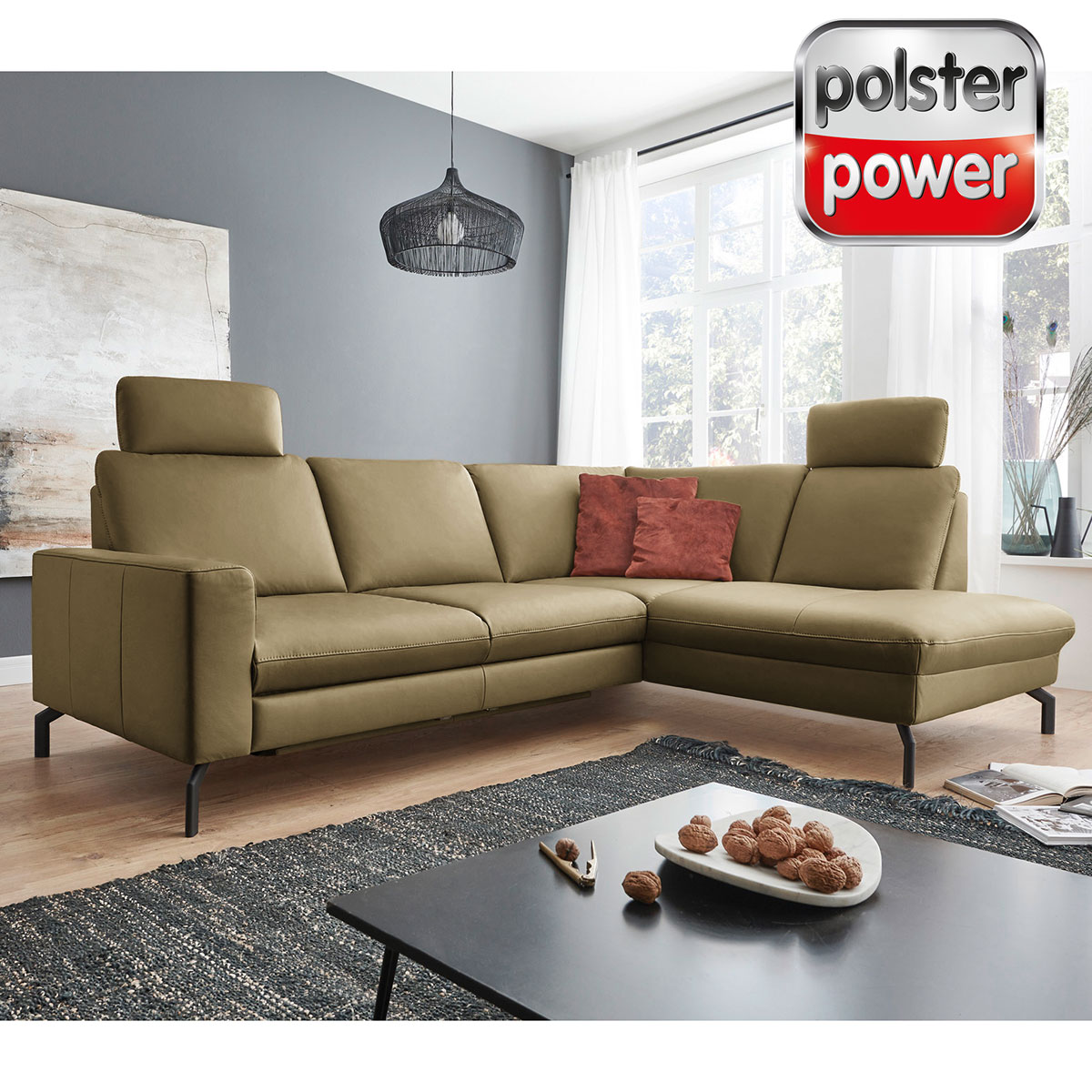 polsterpower Ledersofa - moos - mit Funktionen - Recamiere rechts