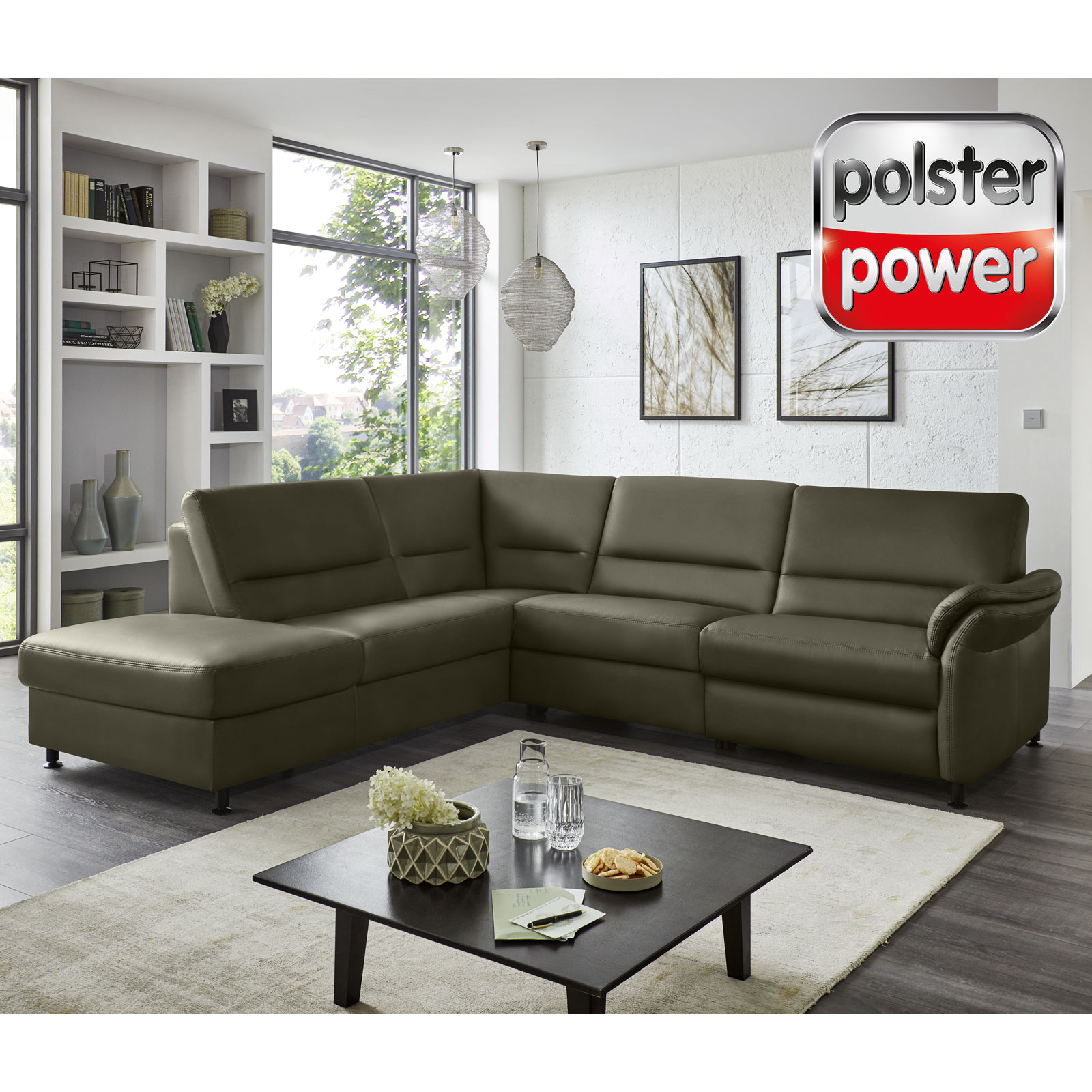 polsterpower Ledersofa - moos - Recamiere links - Basismodell