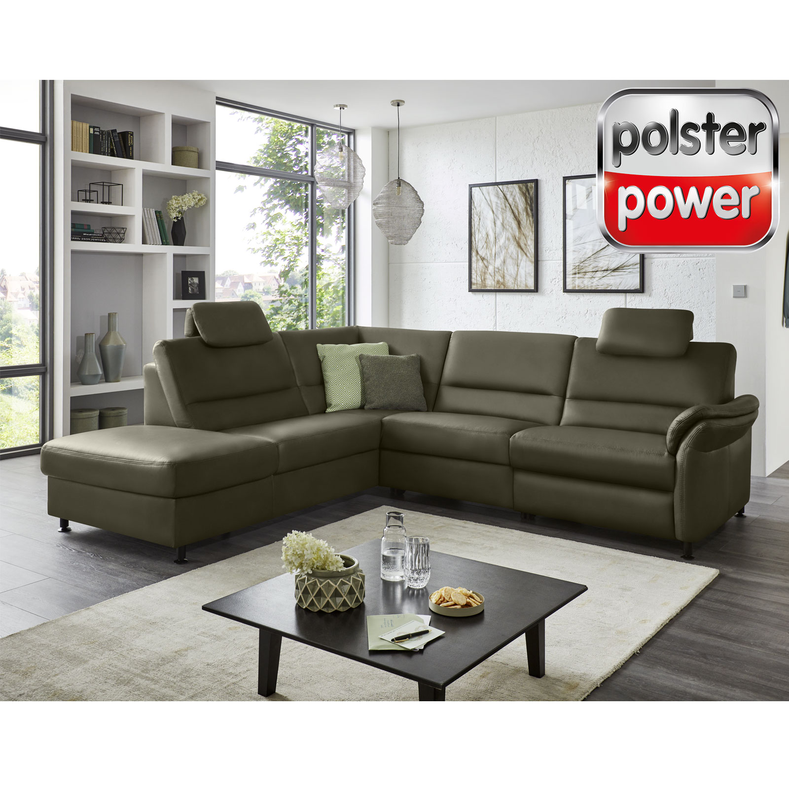 polsterpower Ledersofa - moos - Recamiere links - mit Funktionen