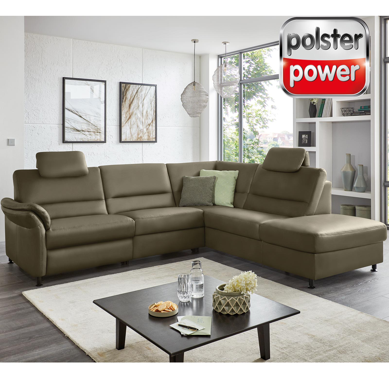 polsterpower Ledersofa - moos - Recamiere rechts - mit Funktionen