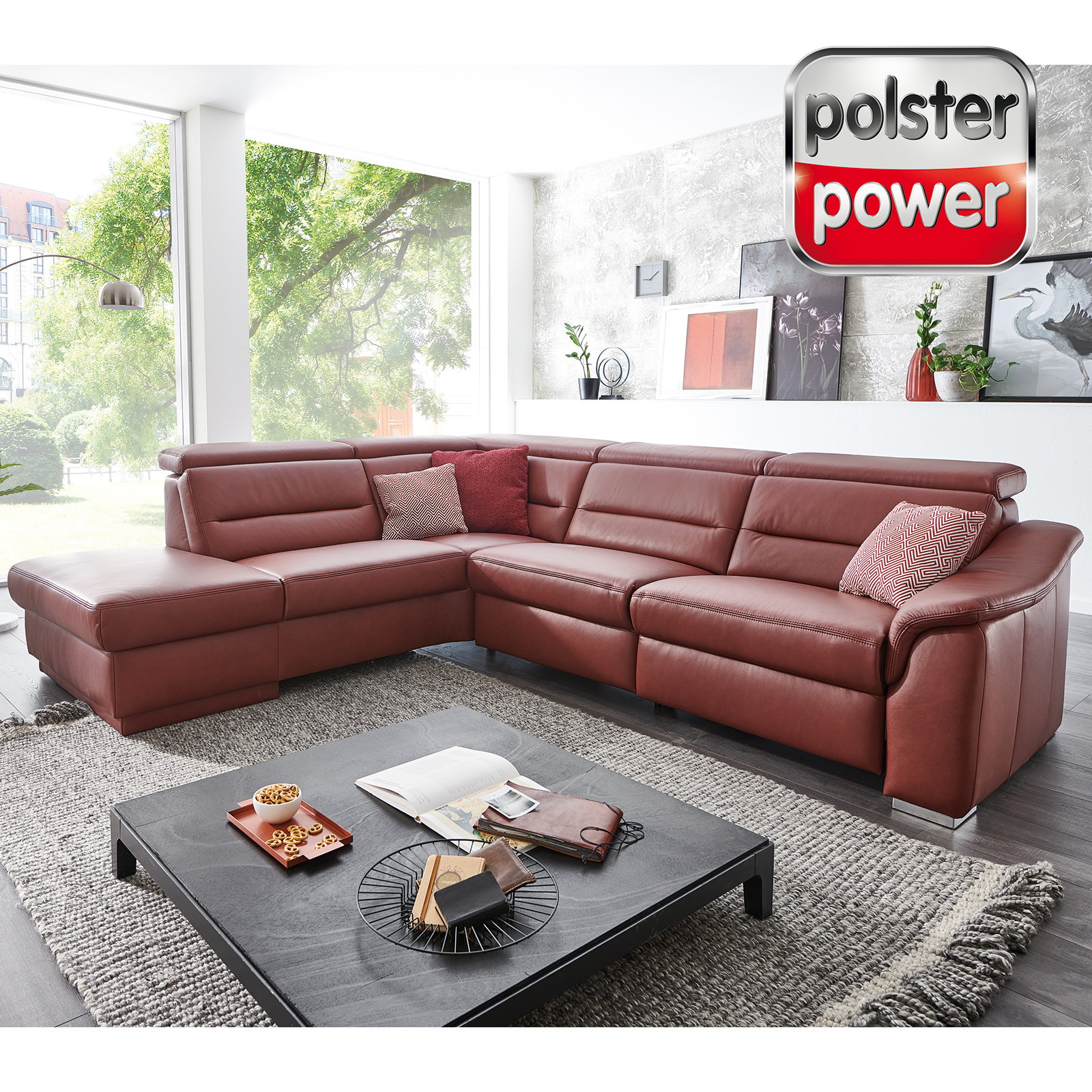 polsterpower Ledersofa - rot - mit Funktionen - links