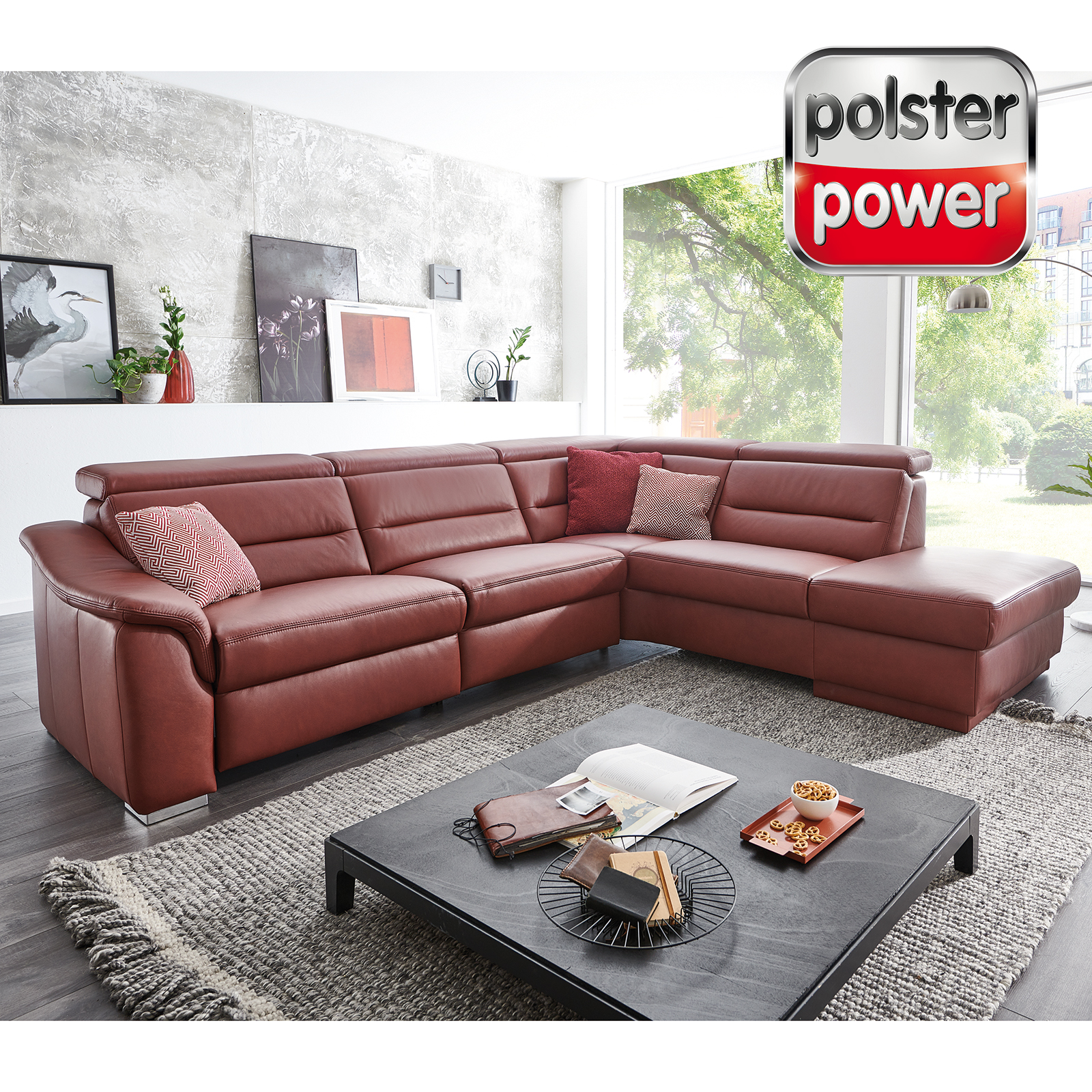 polsterpower Ledersofa - rot - mit Funktionen - rechts