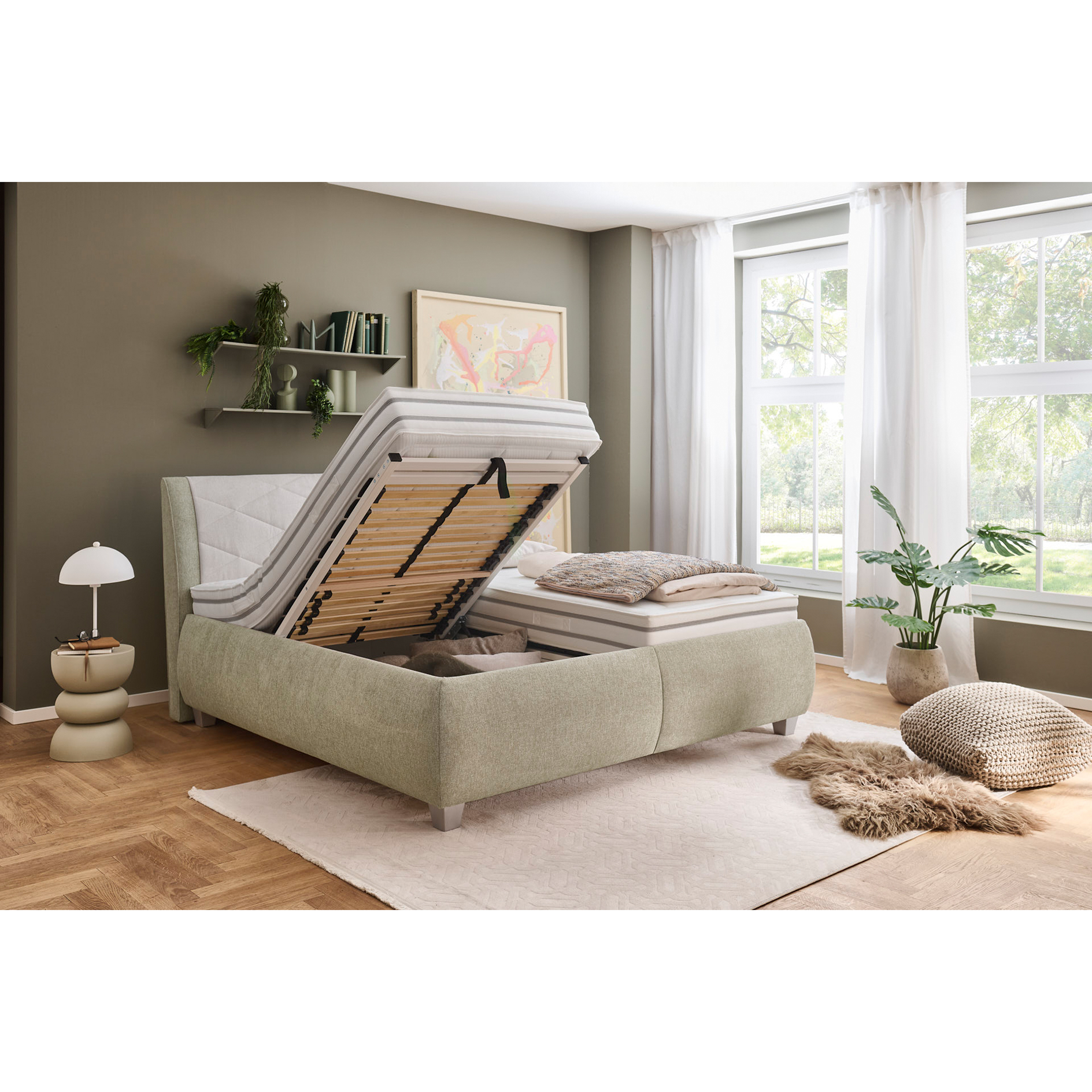 polsterpower Polsterbett - natur-creme - H3/H4 - mit Bettkasten - 200x200 cm