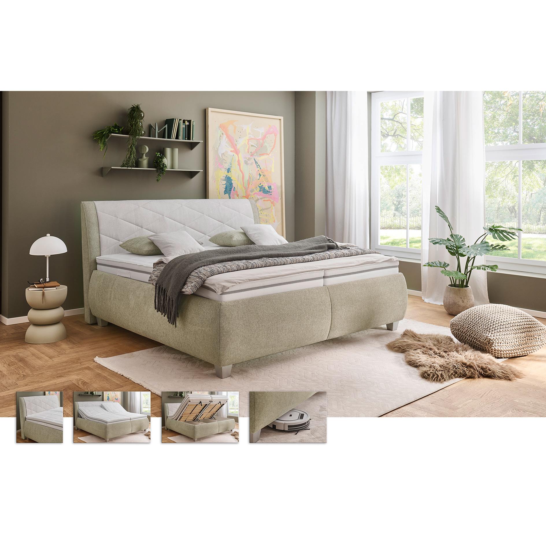 polsterpower Polsterbett - natur-creme - H3/H4 - mit Bettkasten - 200x200 cm