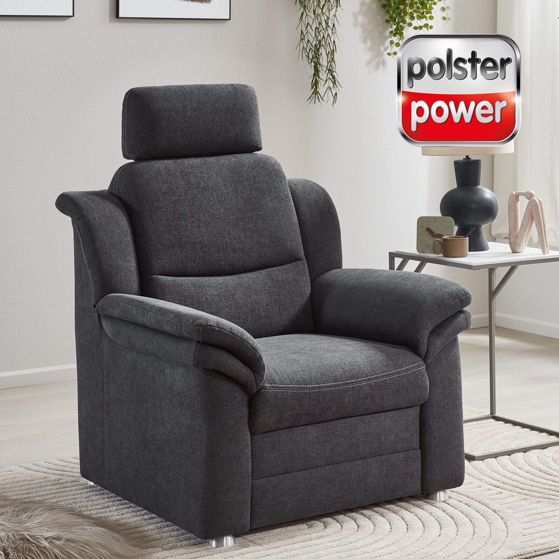 polsterpower Sessel - anthrazit - mit Kopfstütze