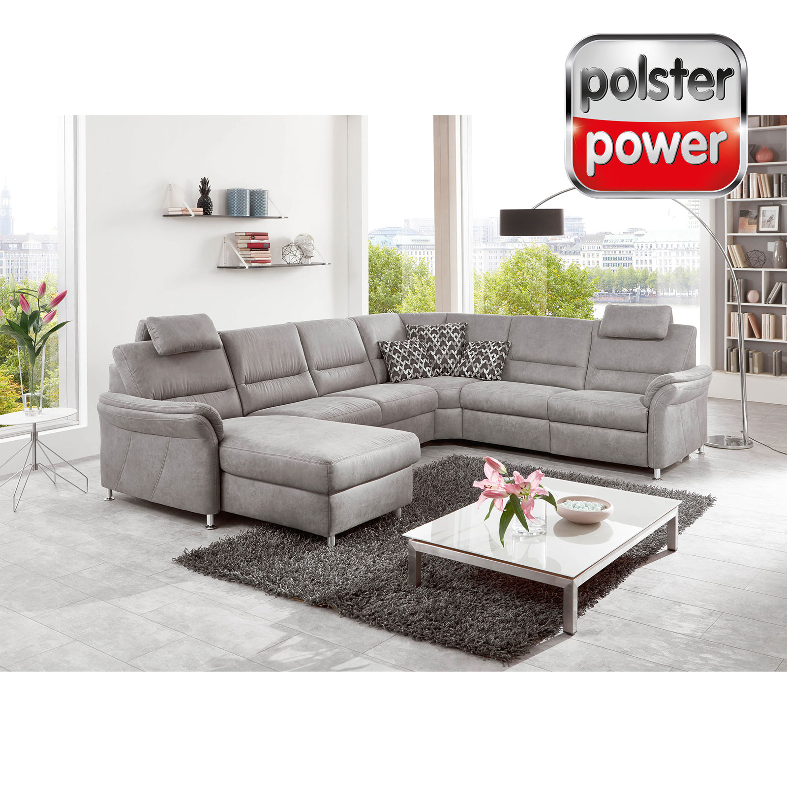 polsterpower Wohnlandschaft - alufarben - mit Funktionen - Canapé links