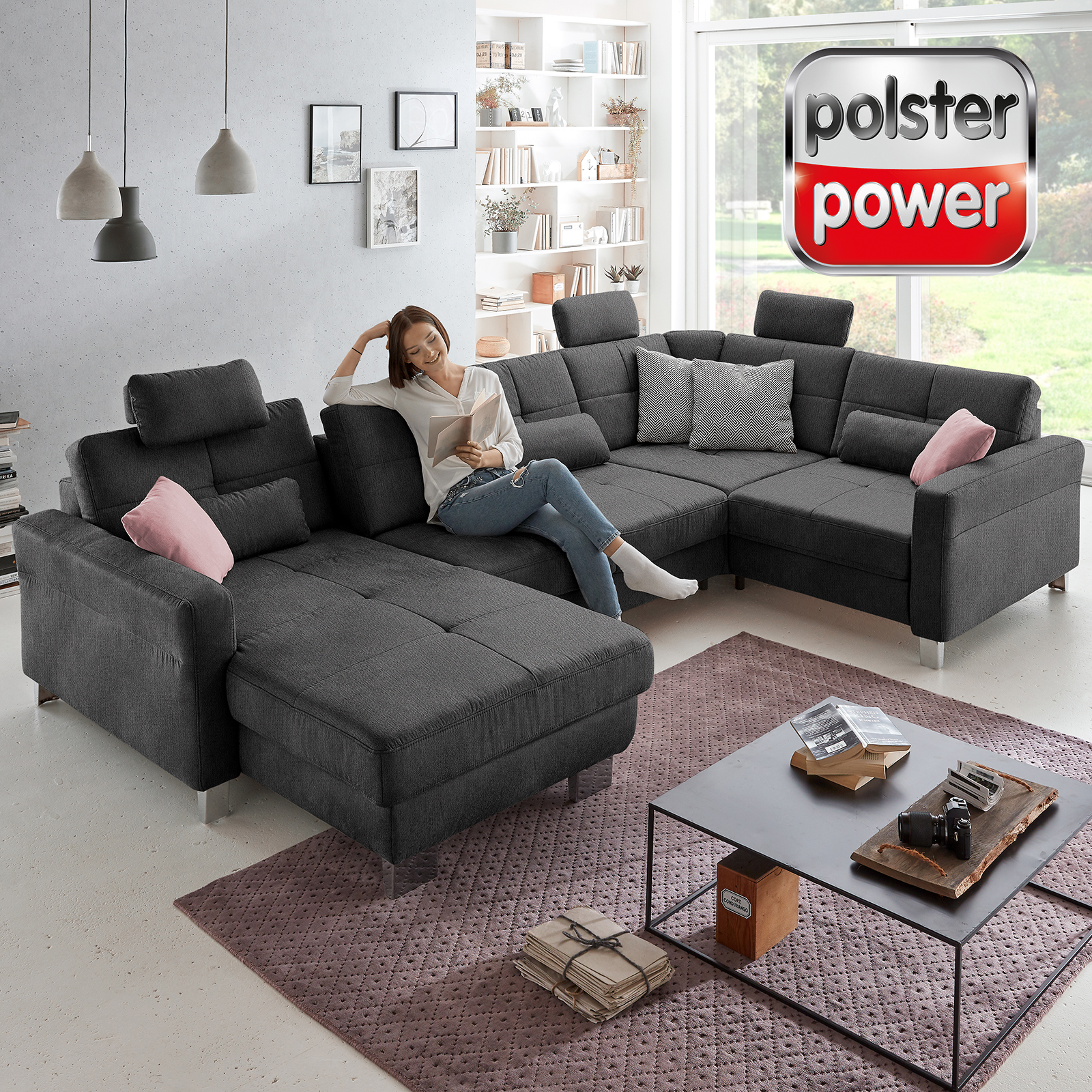 polsterpower Wohnlandschaft - anthrazit - mit Funktionen - Canapé links
