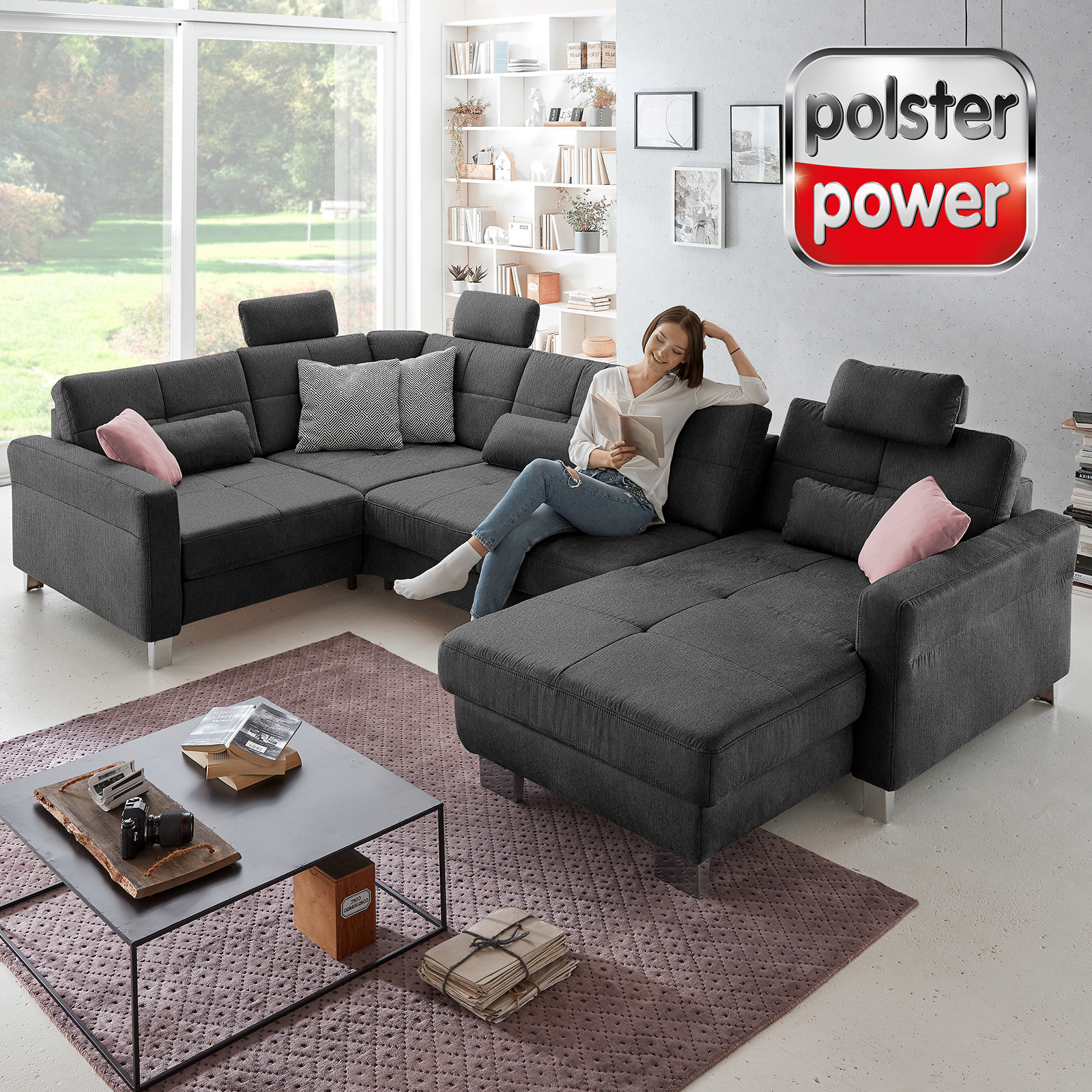 polsterpower Wohnlandschaft - anthrazit - mit Funktionen - Canapé rechts