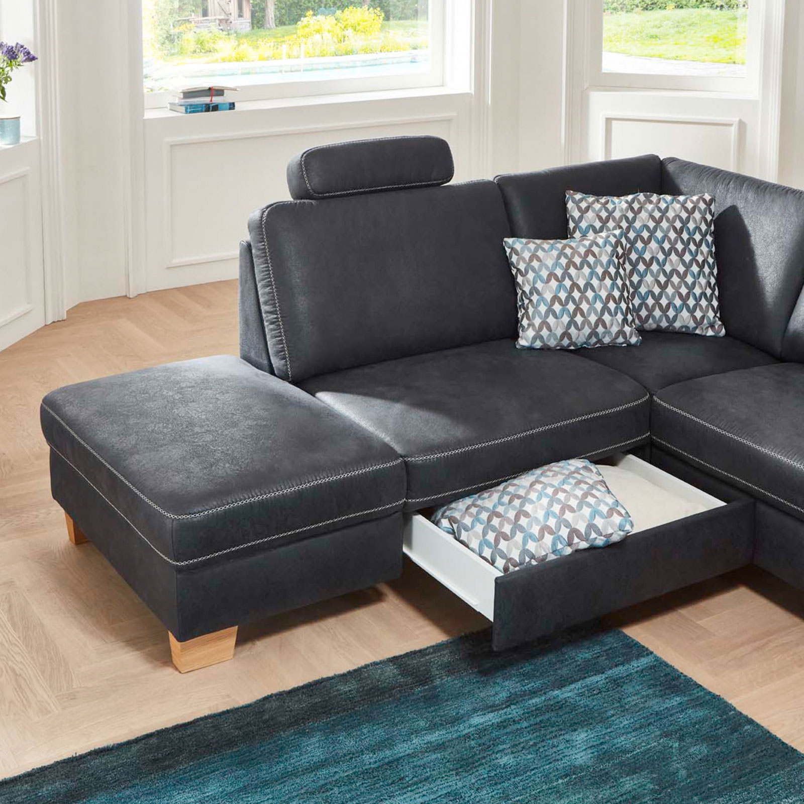 polsterpower Wohnlandschaft - denim - Microfaser - mit Funktionen - Canapé rechts