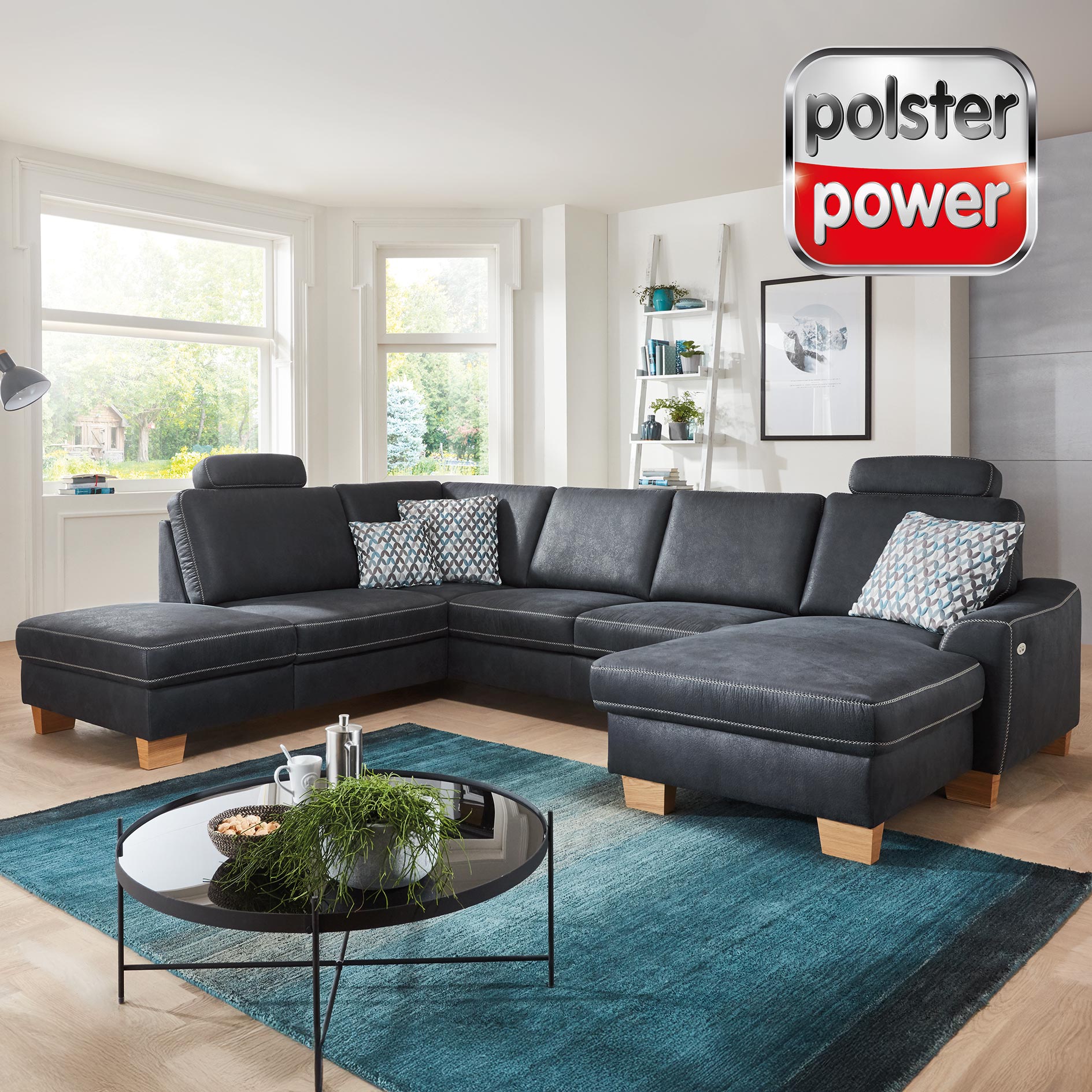 polsterpower Wohnlandschaft - denim - Microfaser - mit Funktionen - Canapé rechts