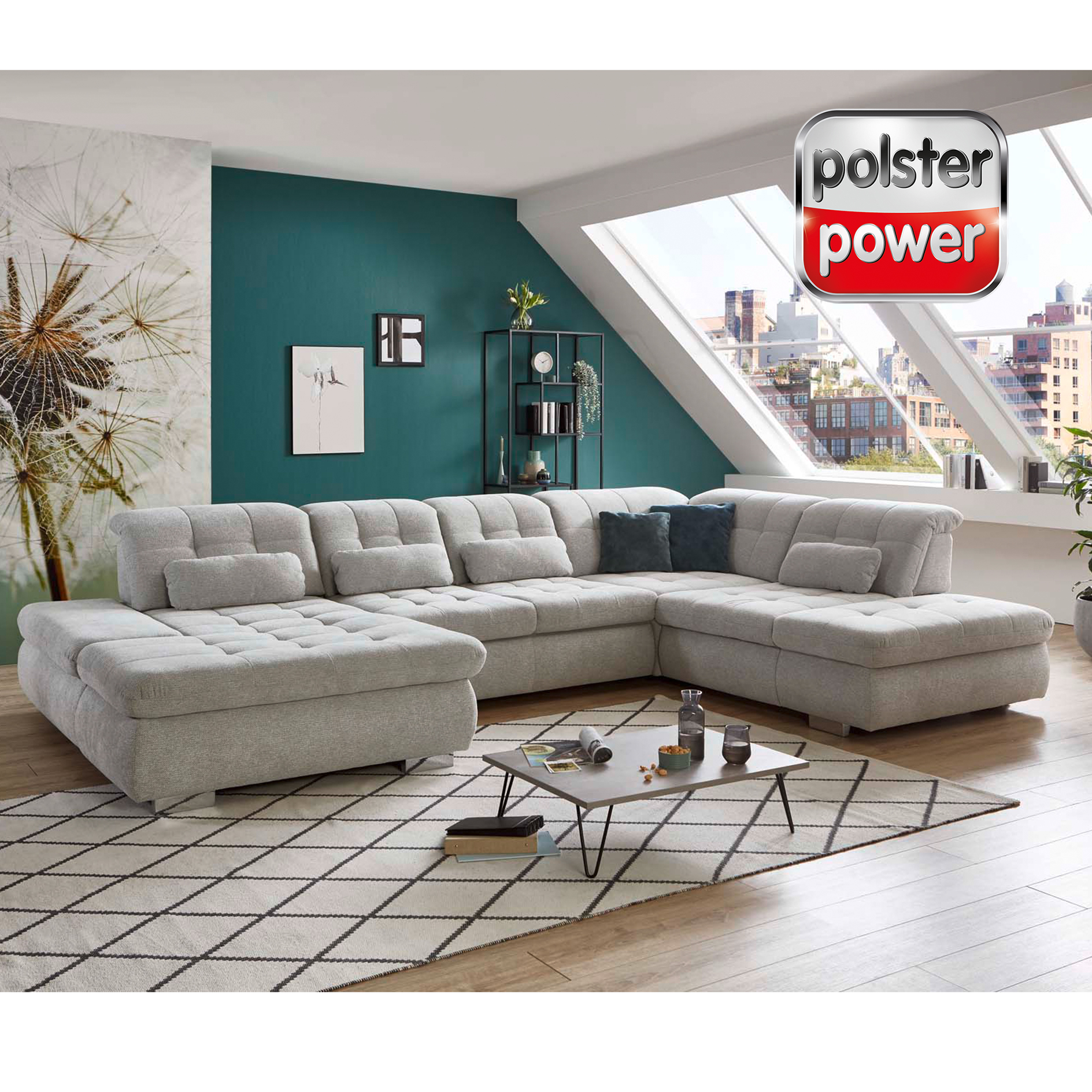 polsterpower Wohnlandschaft - Famosa silber - mit Funktionen - Canapé links