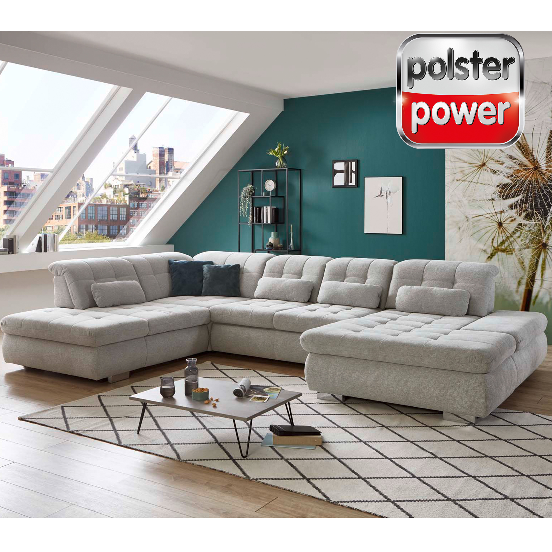 polsterpower Wohnlandschaft - Famosa silber - mit Funktionen - Canapé rechts