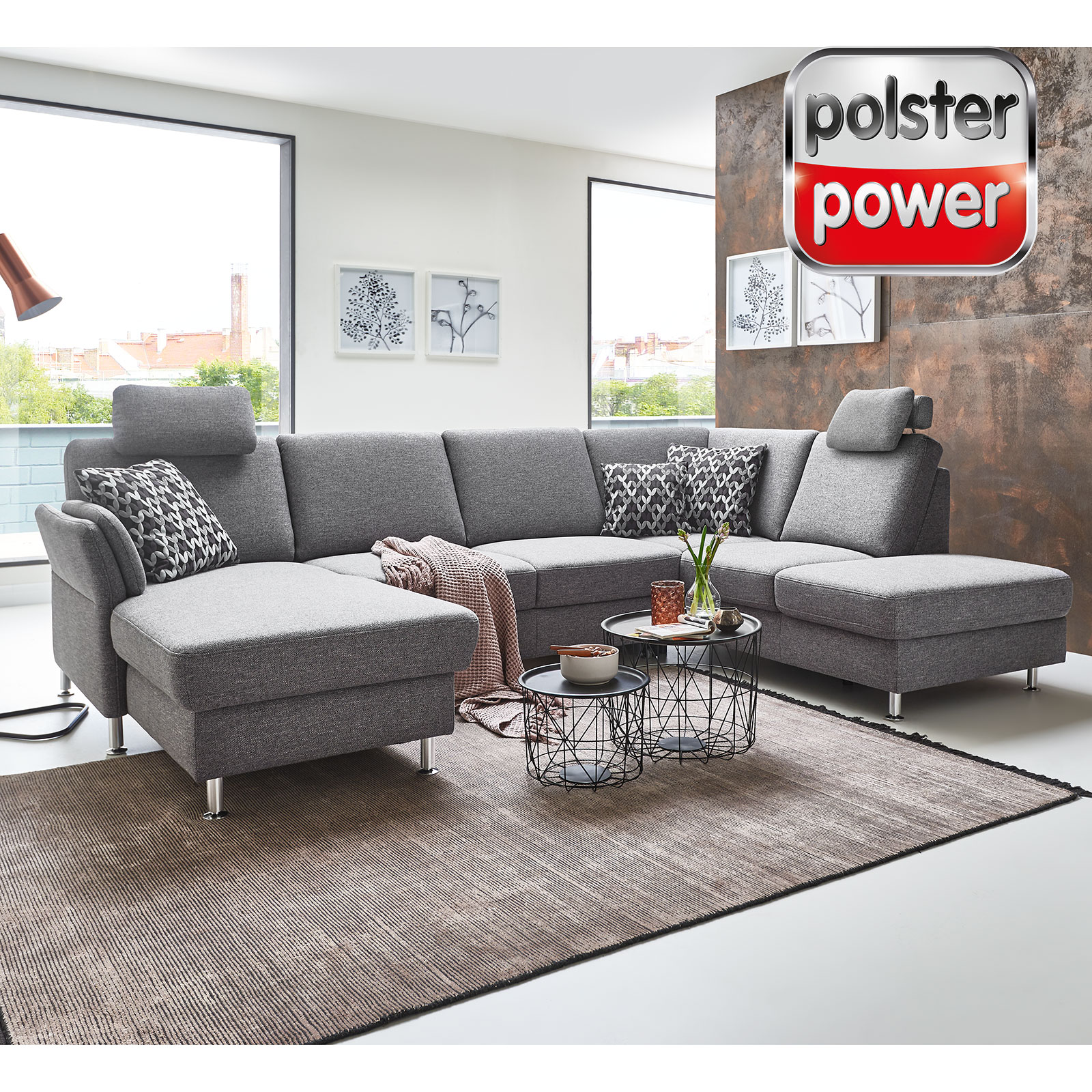 polsterpower Wohnlandschaft - grau - Flachgewebe - Liegefunktion - Canapé links