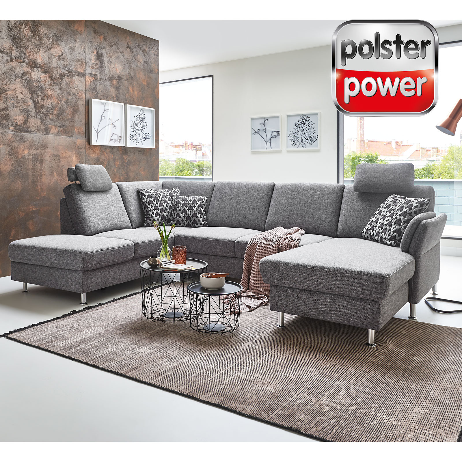 polsterpower Wohnlandschaft - grau - Flachgewebe - Liegefunktion - Canapé rechts
