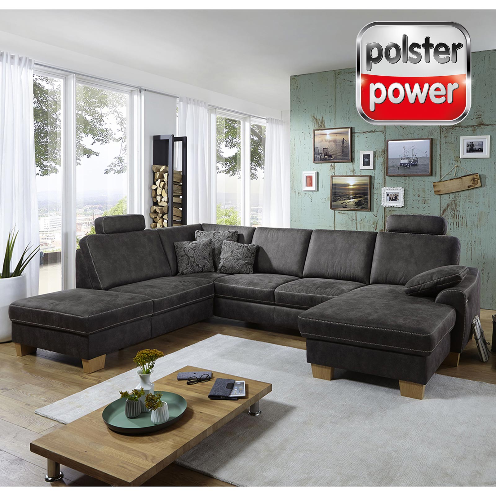 polsterpower Wohnlandschaft - grau - mit Funktionen - Canapé rechts