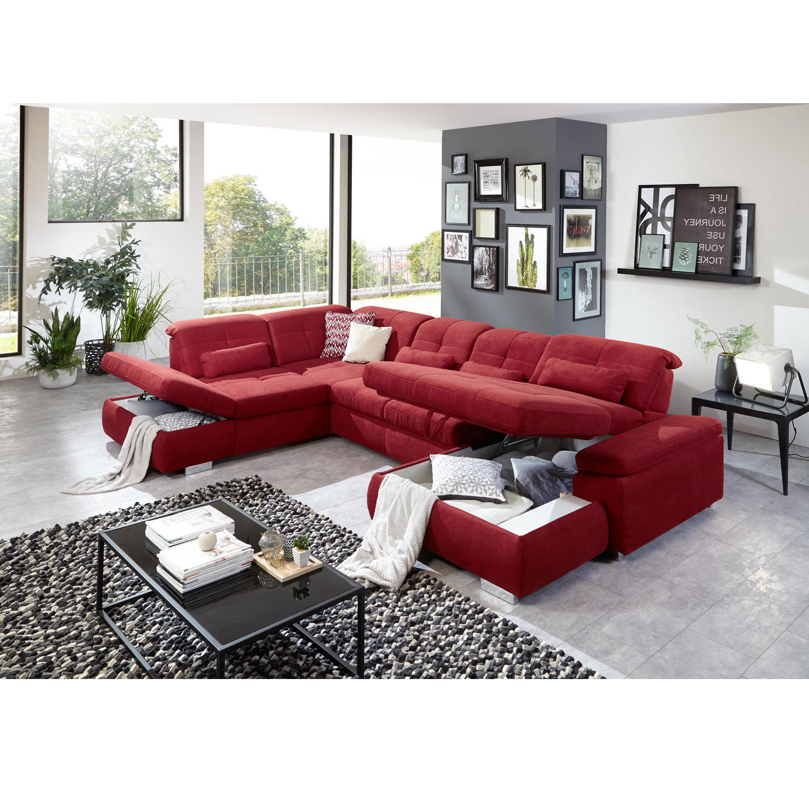 polsterpower Wohnlandschaft - rot - Microchenille - mit Funktionen - Canapé rechts