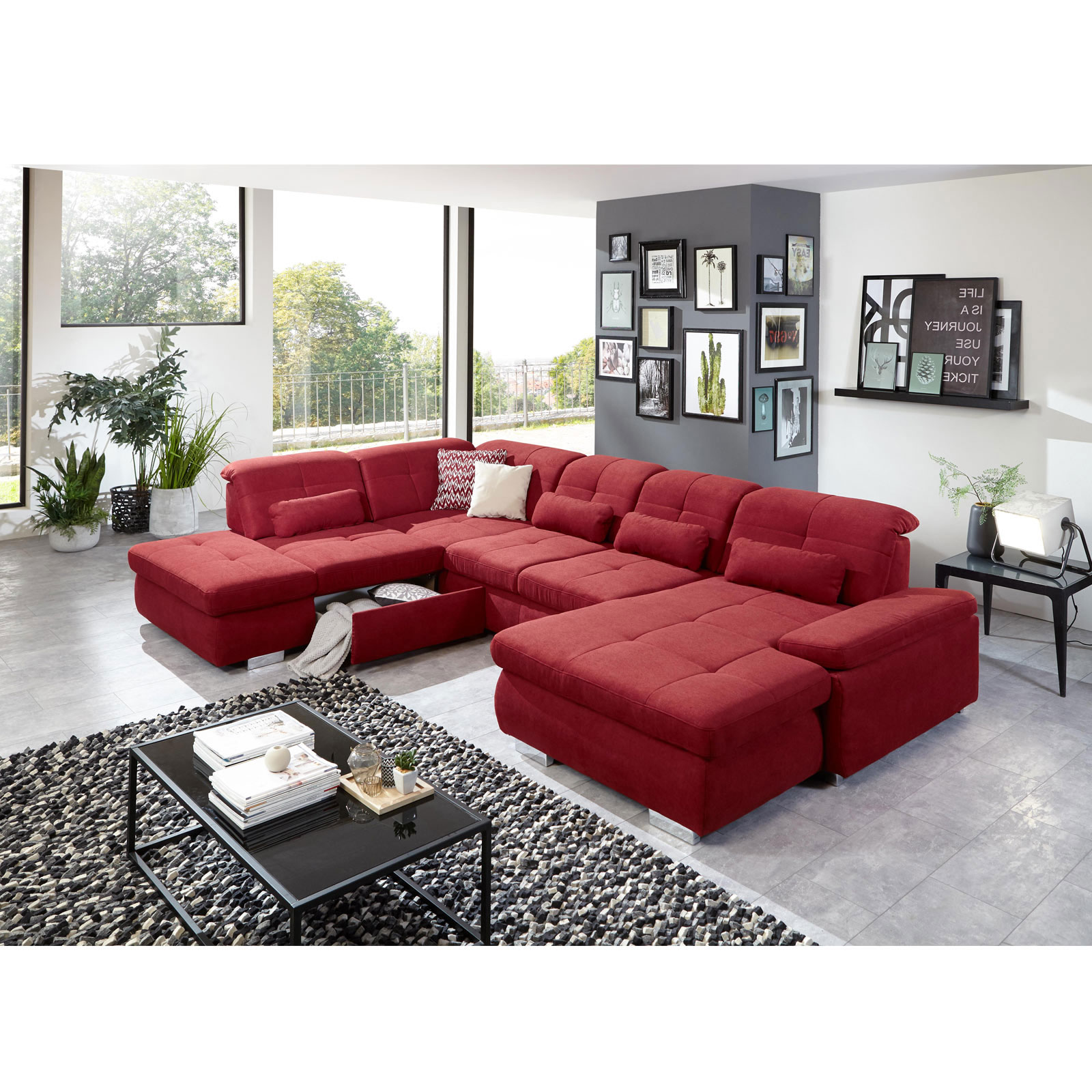 polsterpower Wohnlandschaft - rot - Microchenille - mit Funktionen - Canapé rechts