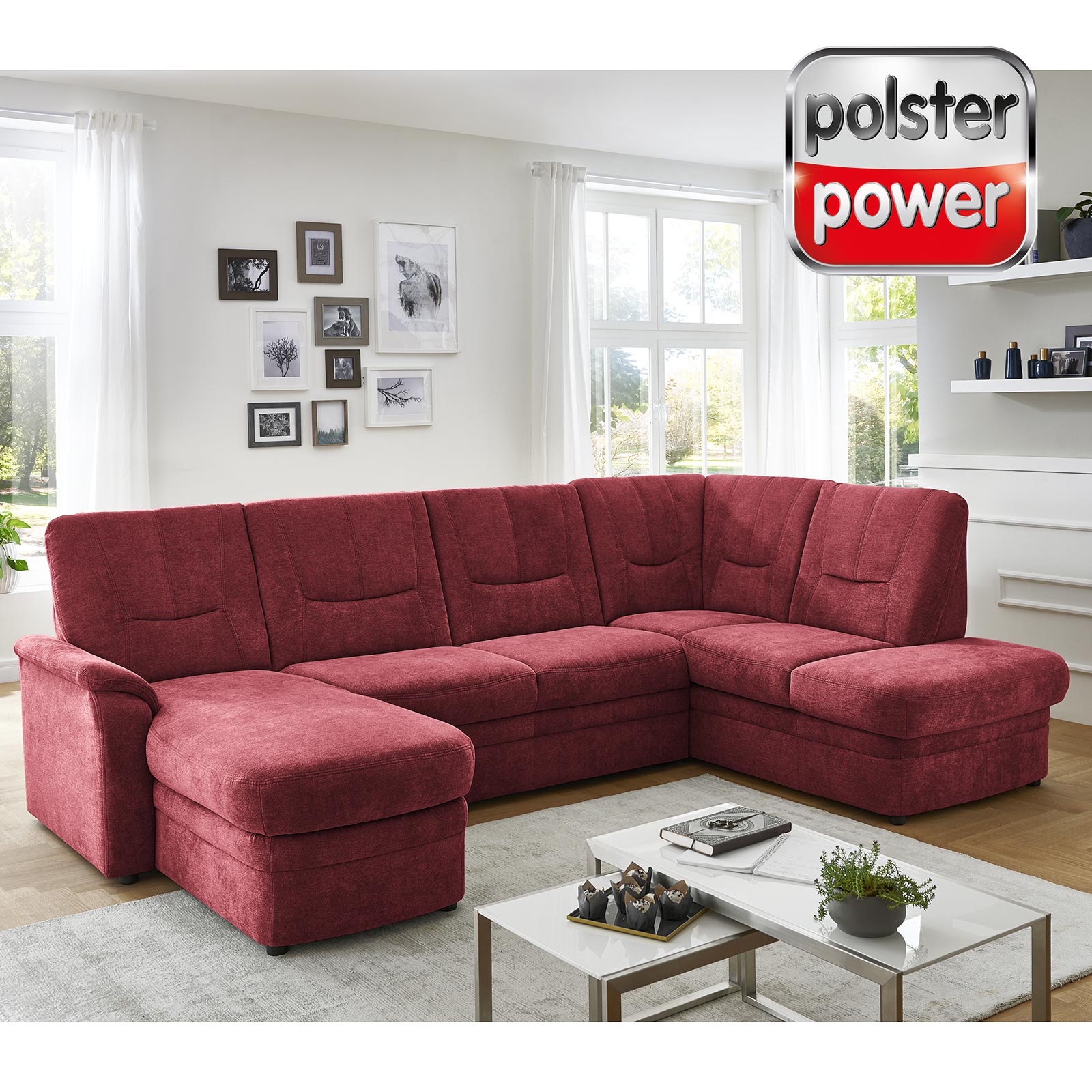 polsterpower Wohnlandschaft - rot - Microchenille - mit Liegefunktion - Canapé links