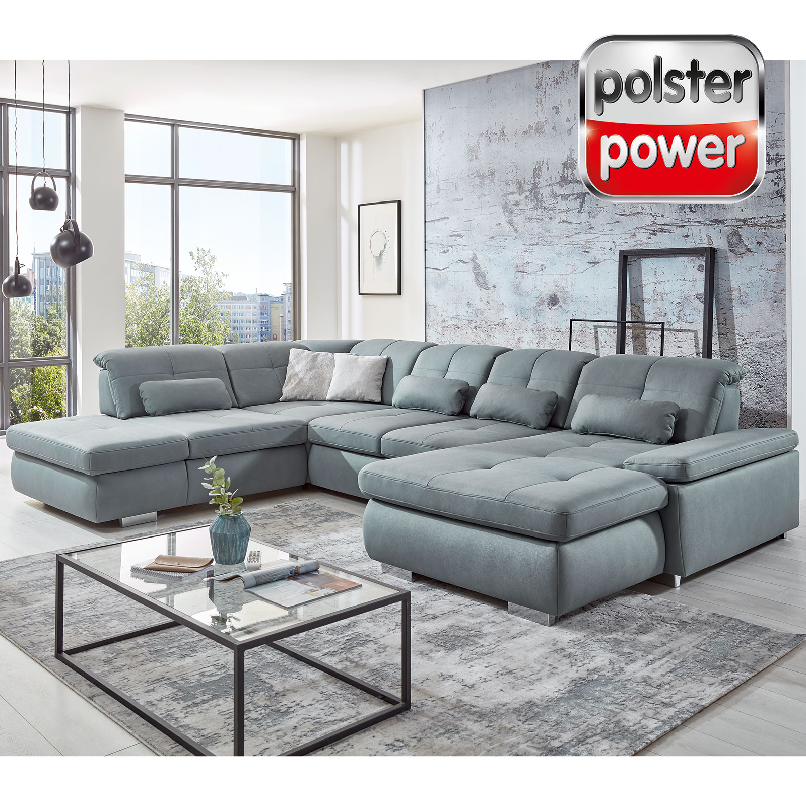 polsterpower Wohnlandschaft - steel - Ottomane rechts - Liegefunktion