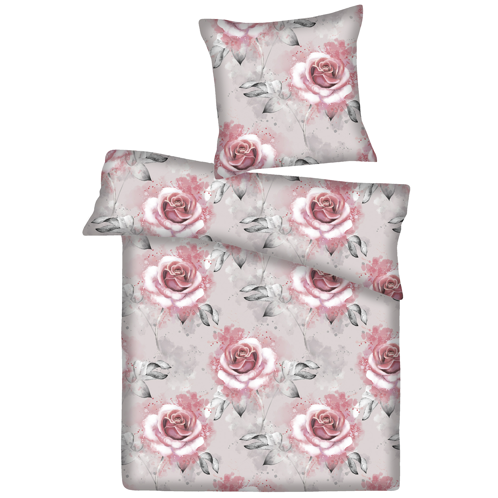 Renforcé-Bettwäsche - grau-pink - Rosen - 135x200 cm