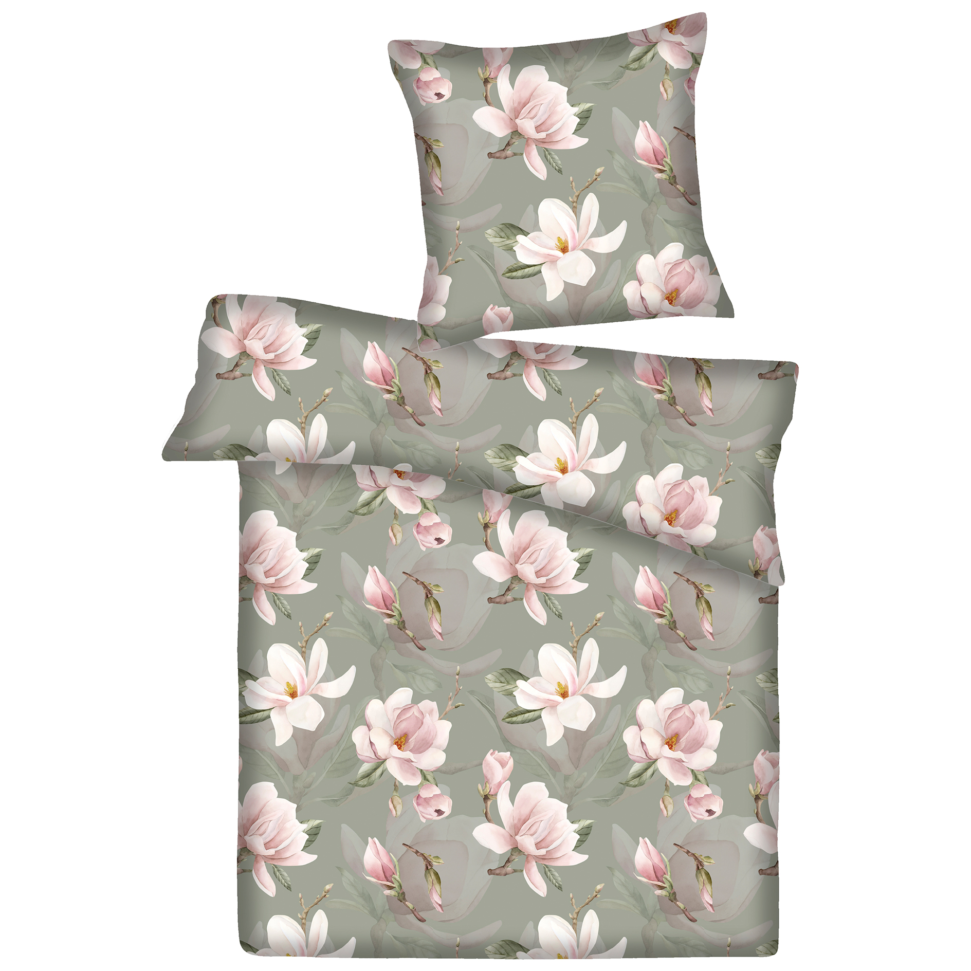 Renforcé-Bettwäsche - grün-rosa - Magnolie - 135x200 cm