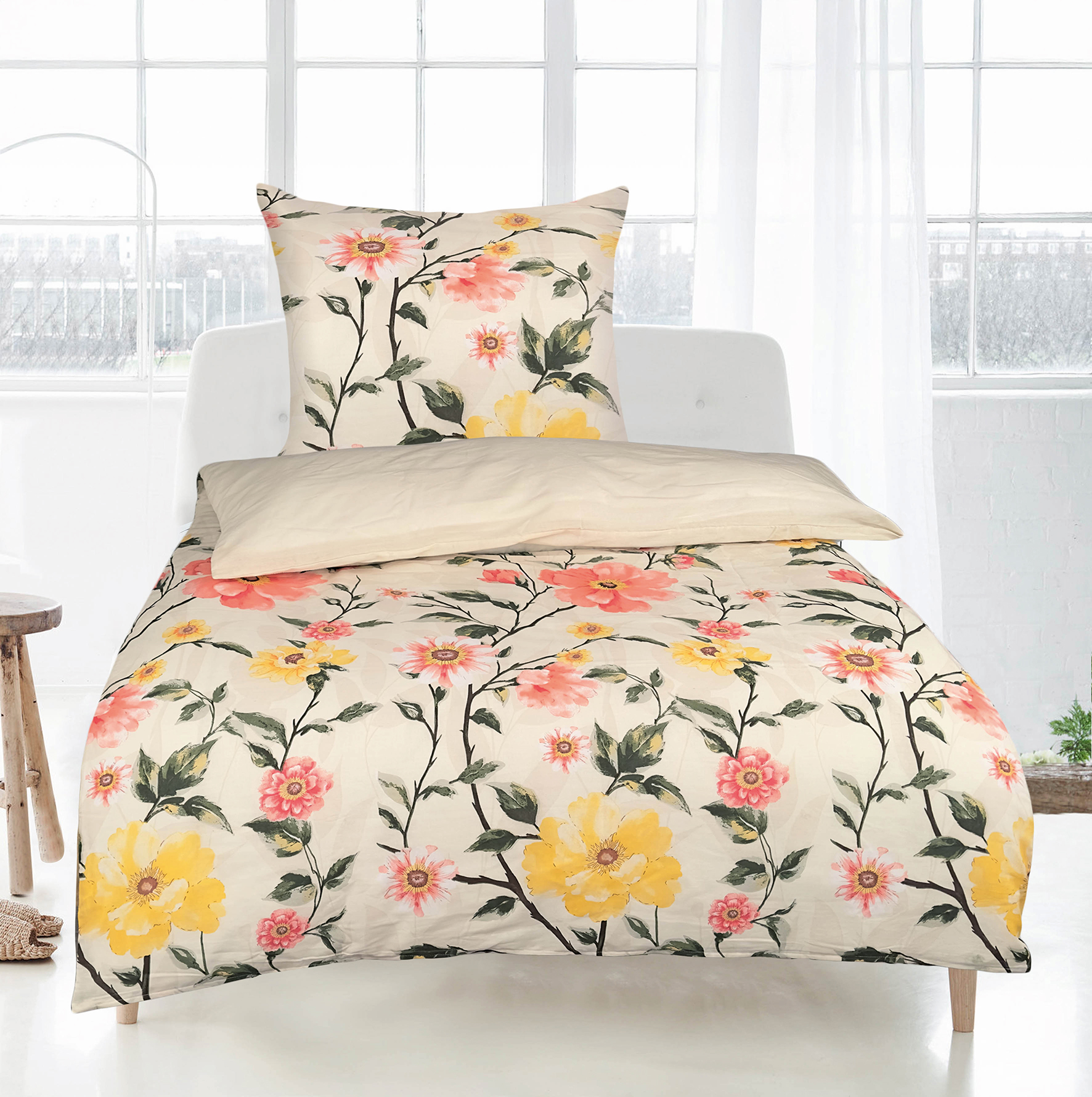 Renforcé-Bettwäsche - weiß-multicolor - Blumen - 135x200 cm