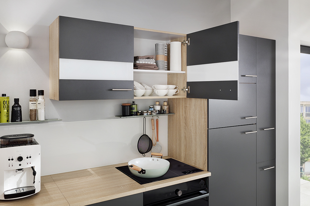 RESPEKTA Glas-Oberschrank - grau matt - Eiche sägerau - 100 cm