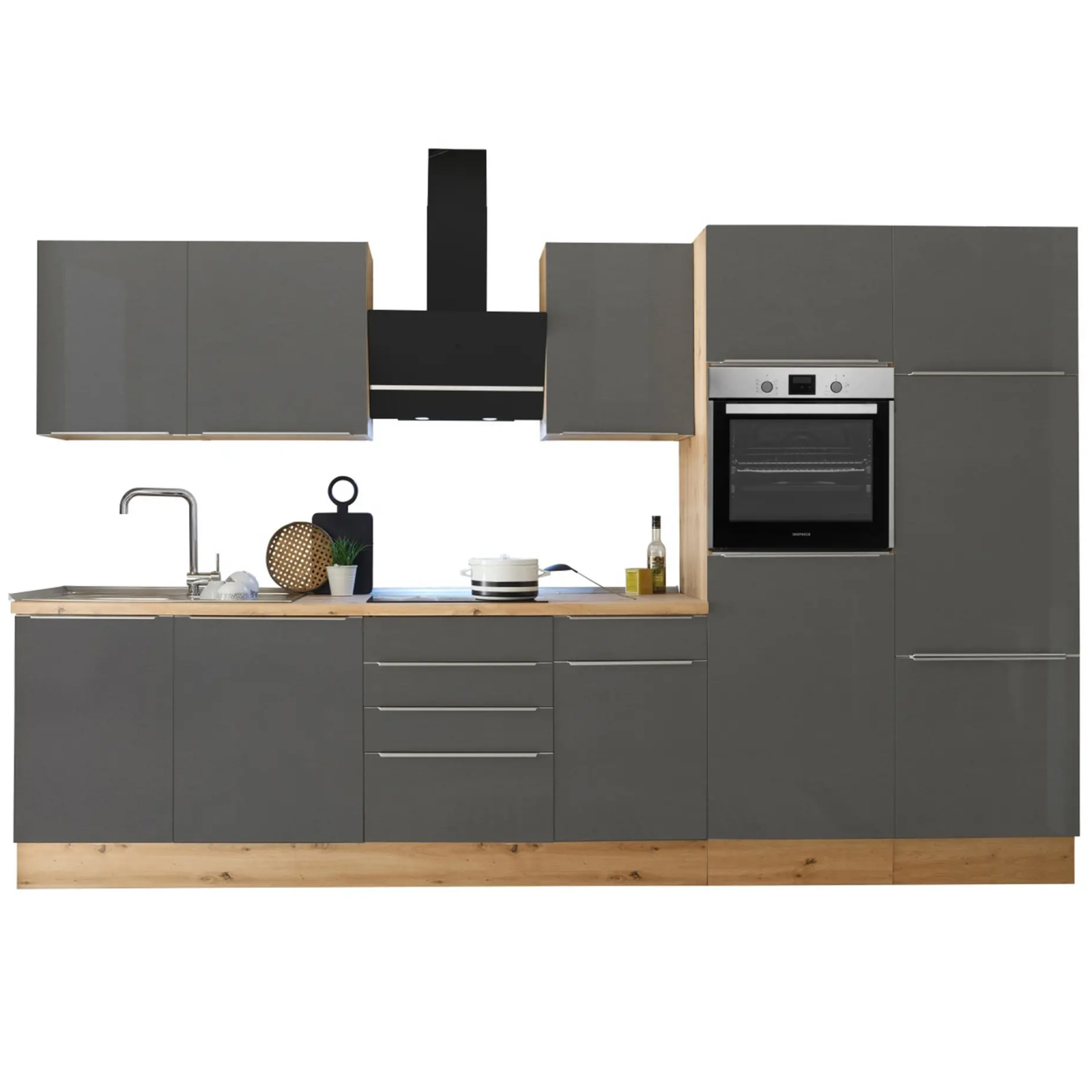 RESPEKTA Küchenblock - grau Matt-Artisan Eiche Sägerau - mit E-Geräten - 340 cm