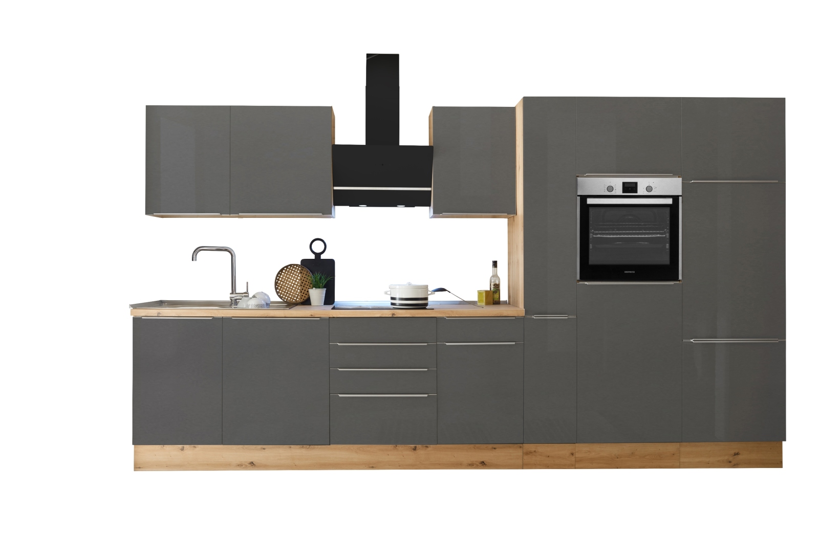 RESPEKTA Küchenblock - grau Matt-Artisan Eiche Sägerau - mit E-Geräten - 370 cm