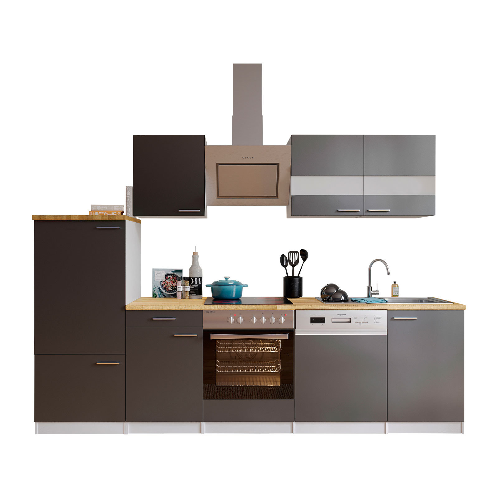 RESPEKTA Küchenblock - grau - mit E-Geräten - 280 cm