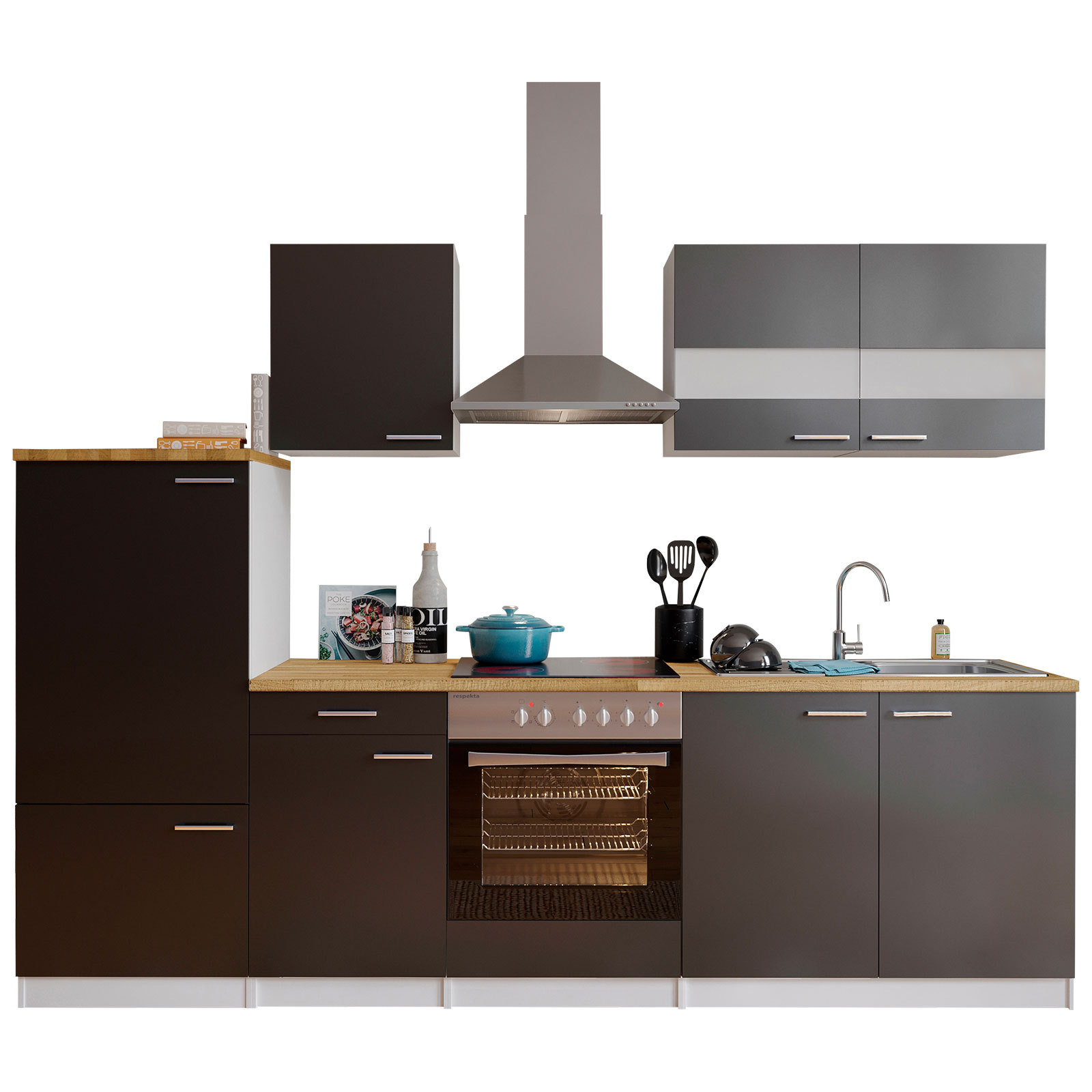 RESPEKTA Küchenblock - grau-weiß - mit E-Geräten - 270 cm