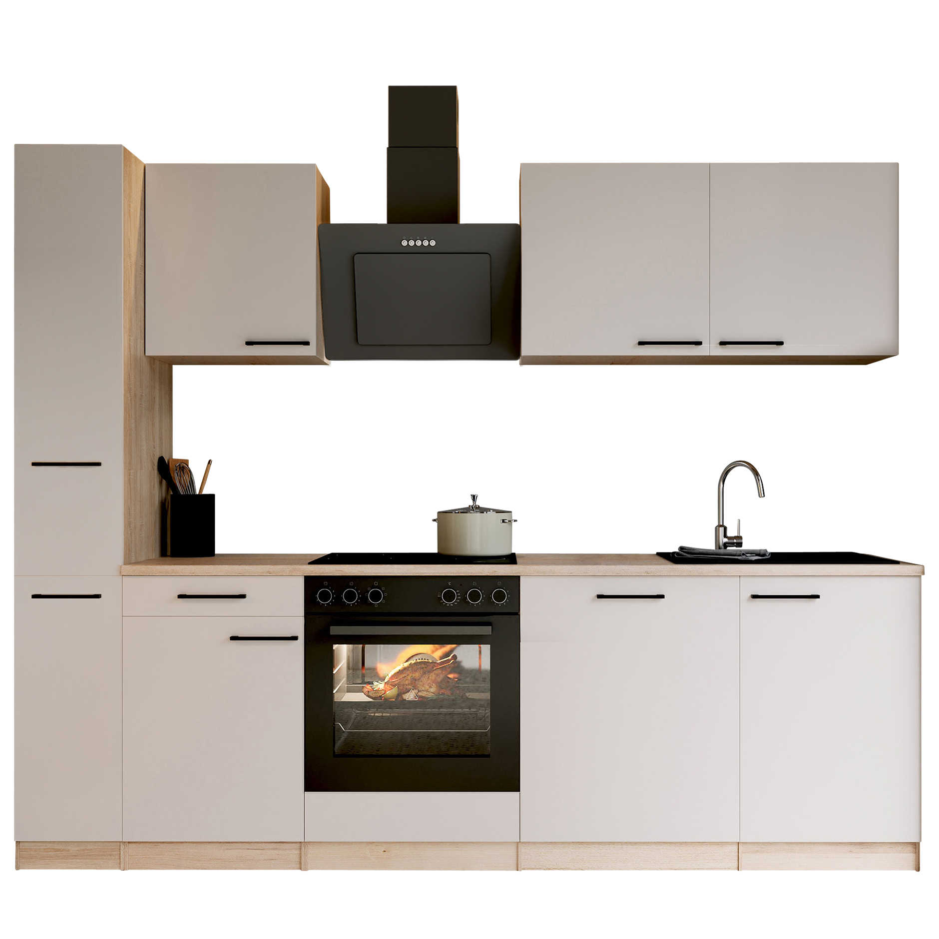 RESPEKTA Küchenblock - Kaschmir - Eiche Sägerau - mit E-Geräten - 250 cm