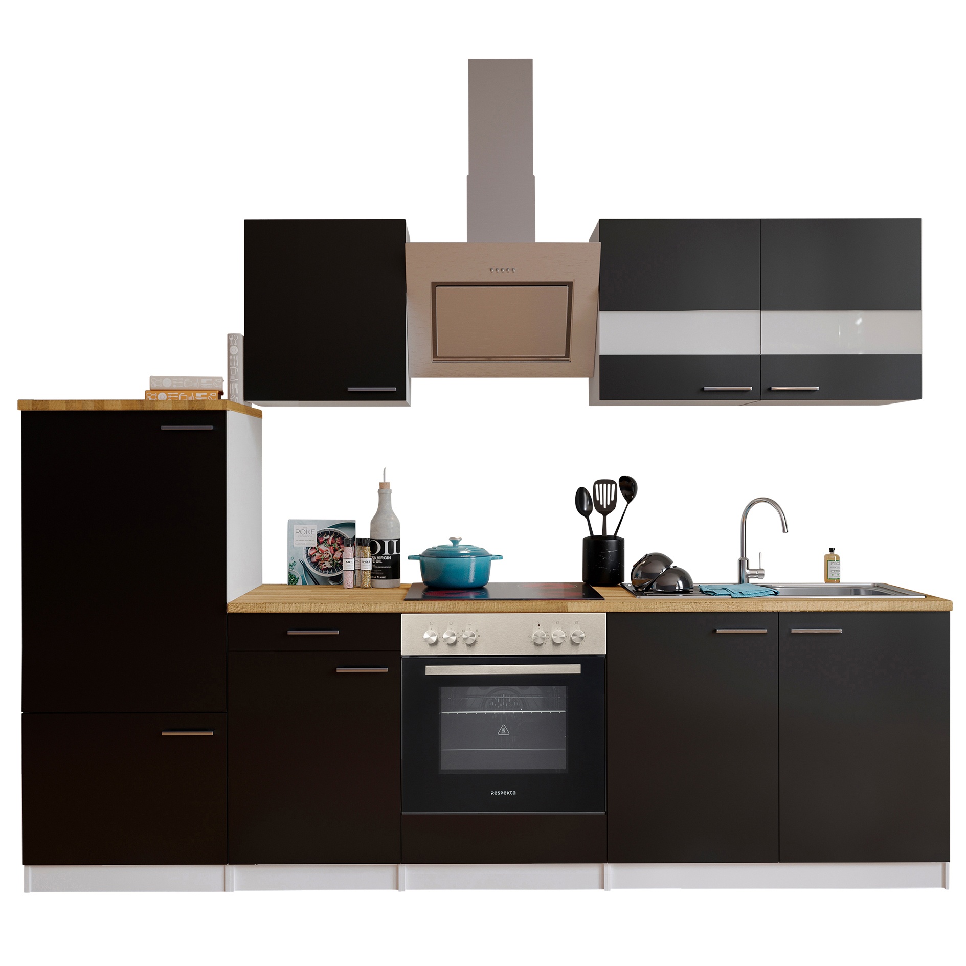 RESPEKTA Küchenblock MALIA - schwarz-weiß - mit E-Geräten - 270 cm