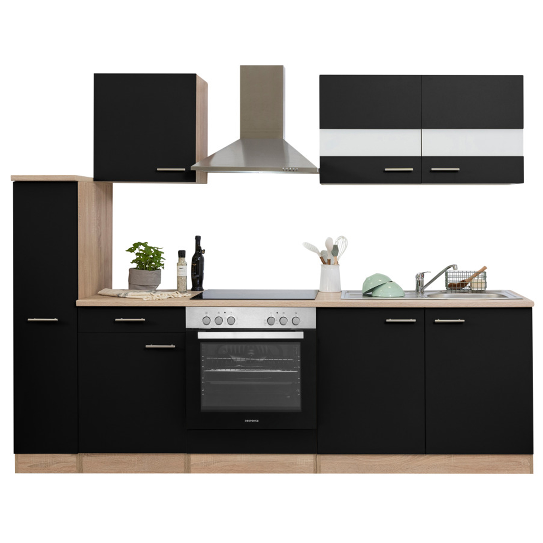 RESPEKTA Küchenblock MERLE - schwarz - Eiche Sägerau - Glaskeramikkochfeld - mit E-Geräten - 240 cm