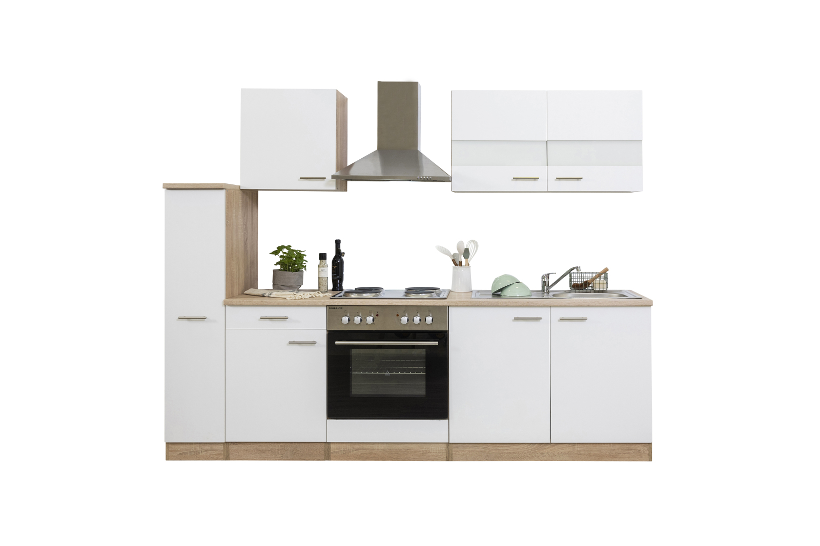 RESPEKTA Küchenblock MERLE - weiß - Eiche Sägerau - Edelstahlkochmulde - mit E-Geräten - 240 cm