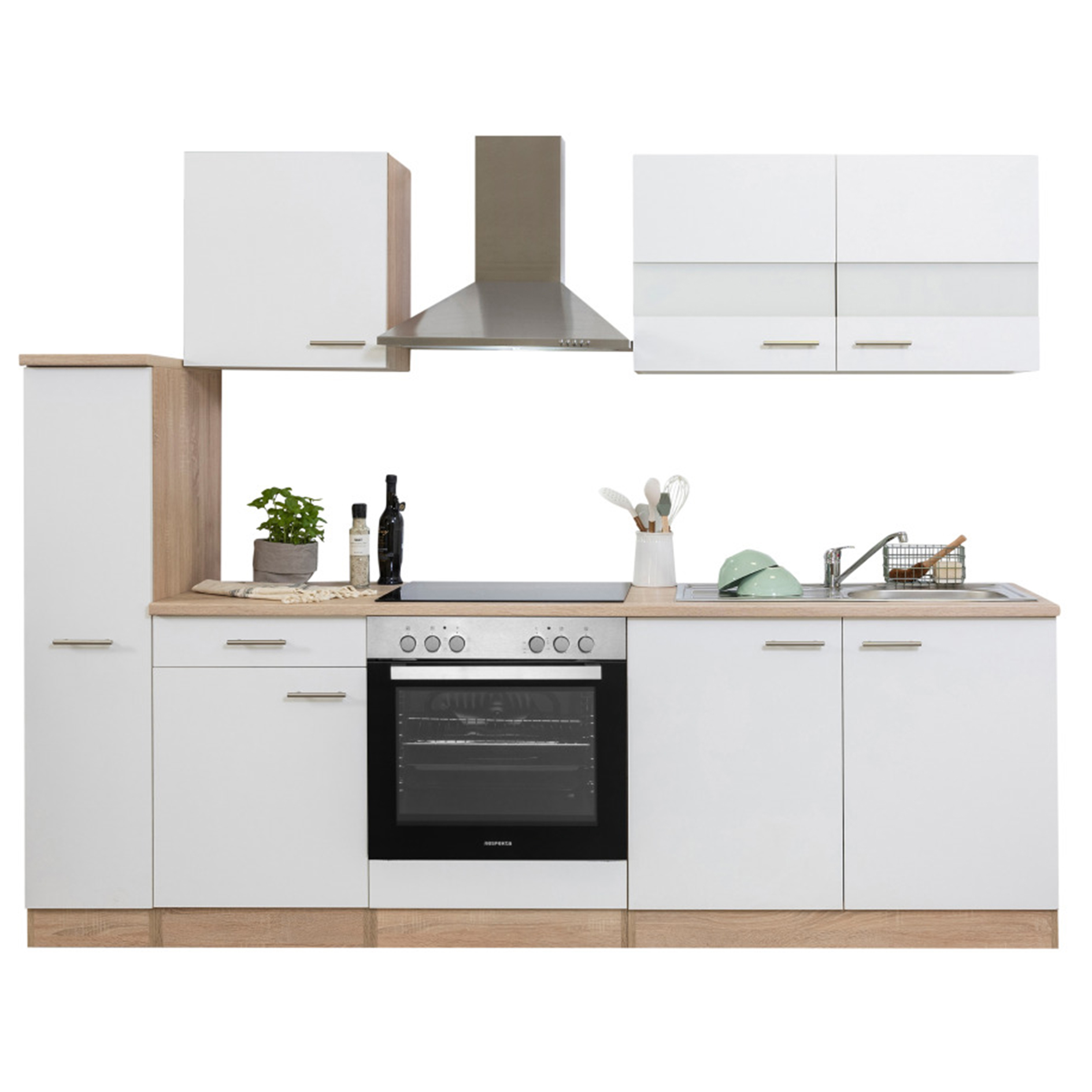 RESPEKTA Küchenblock MERLE - weiß - Eiche Sägerau - Glaskeramikkochfeld - mit E-Geräten - 240 cm