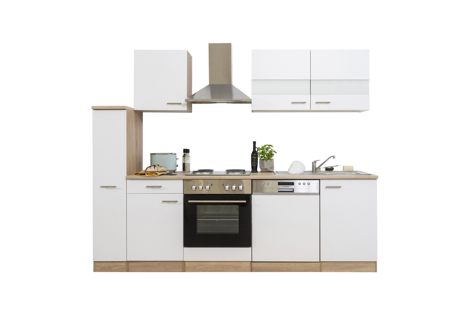 RESPEKTA Küchenblock MERLE - weiß - Eiche Sägerau - mit E-Geräten - Edelstahlkochmulde - 250 cm