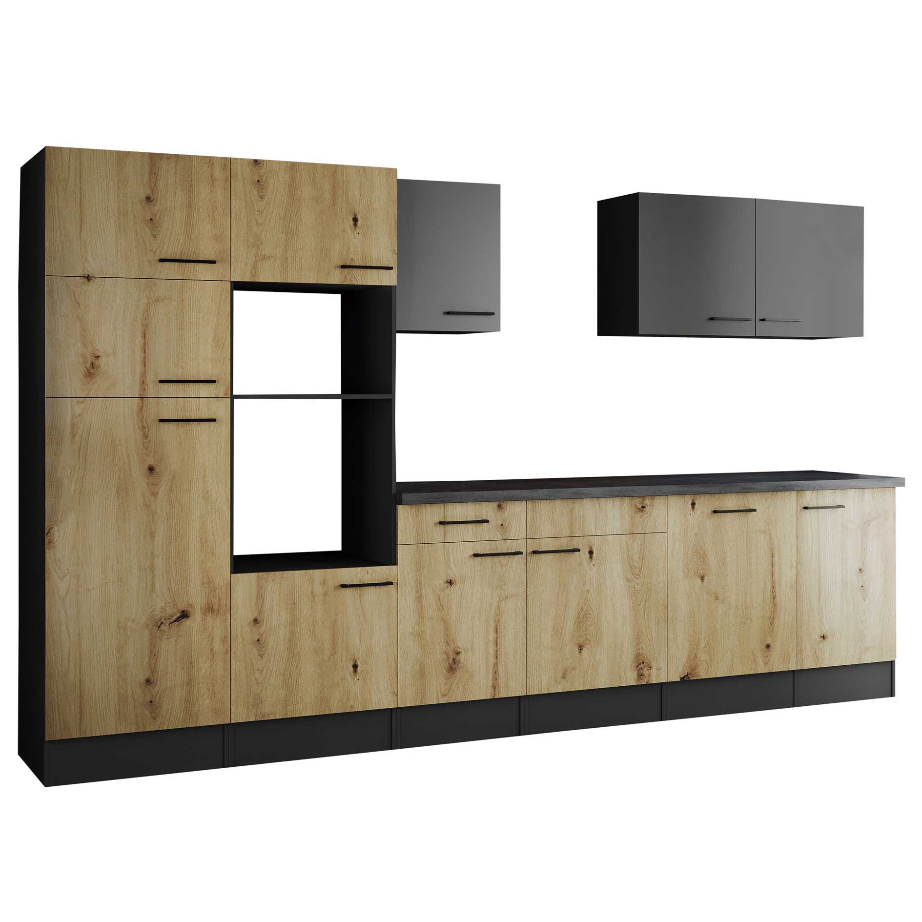RESPEKTA Küchenblock OLIVER - Artisan Eiche - grau matt - 340 cm